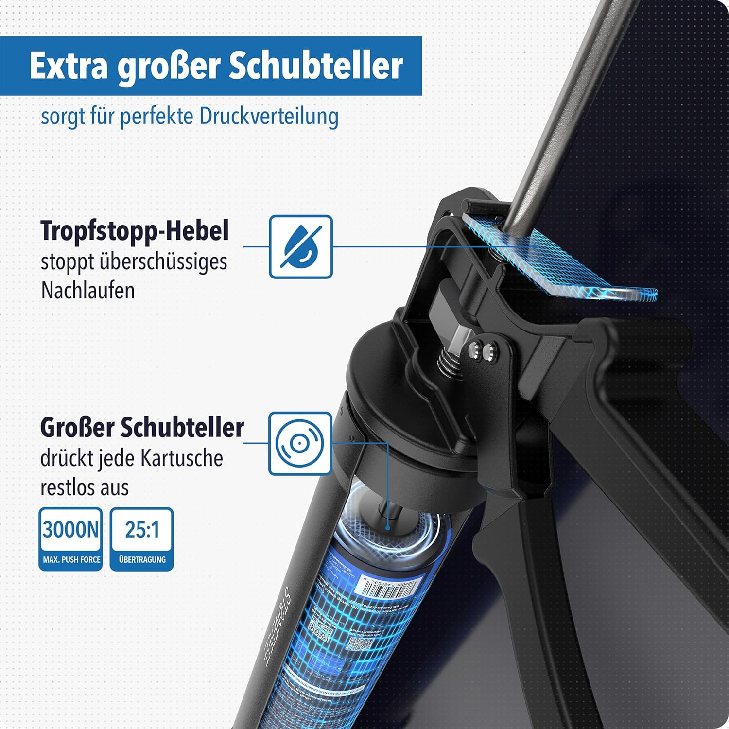 Infografik einer Kartuschenpresse mit Drip-Stop-Hebel und großem Schubteller auf blauem Rasterhintergrund.