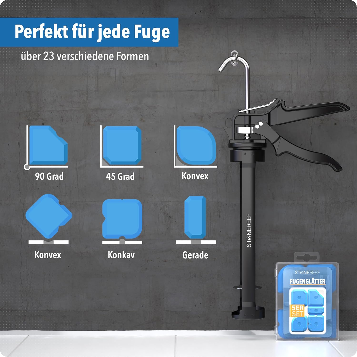 Schwarze Kartuschenpresse und blaue Fugenglätter mit verschiedenen Formen vor dunklem Hintergrund.