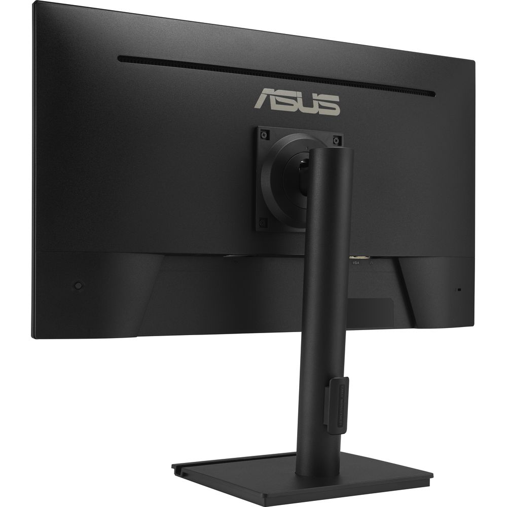 Rückansicht eines schwarzen ASUS-Monitors auf einem Ständer vor weißem Hintergrund.