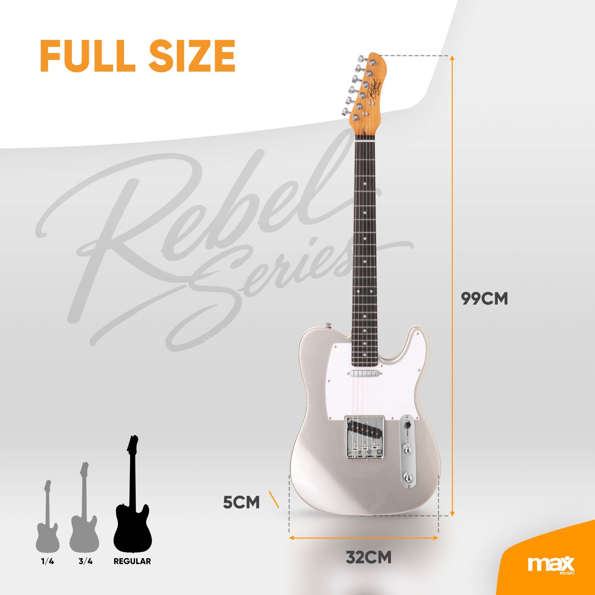 Eine silberne Rebel Series E-Gitarre mit Maßen: 99 cm Höhe, 32 cm Breite und 5 cm Dicke.