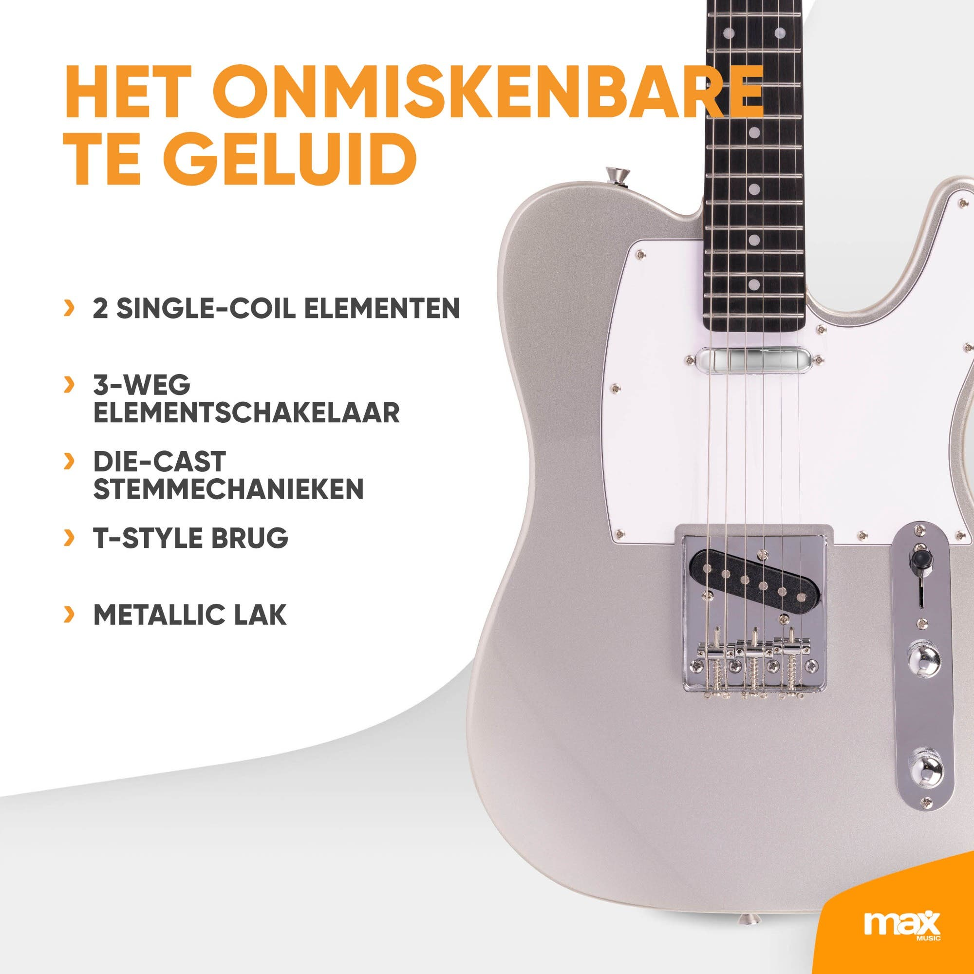 Werbebild einer silbernen E-Gitarre mit Textpunkten zu ihren technischen Merkmalen.