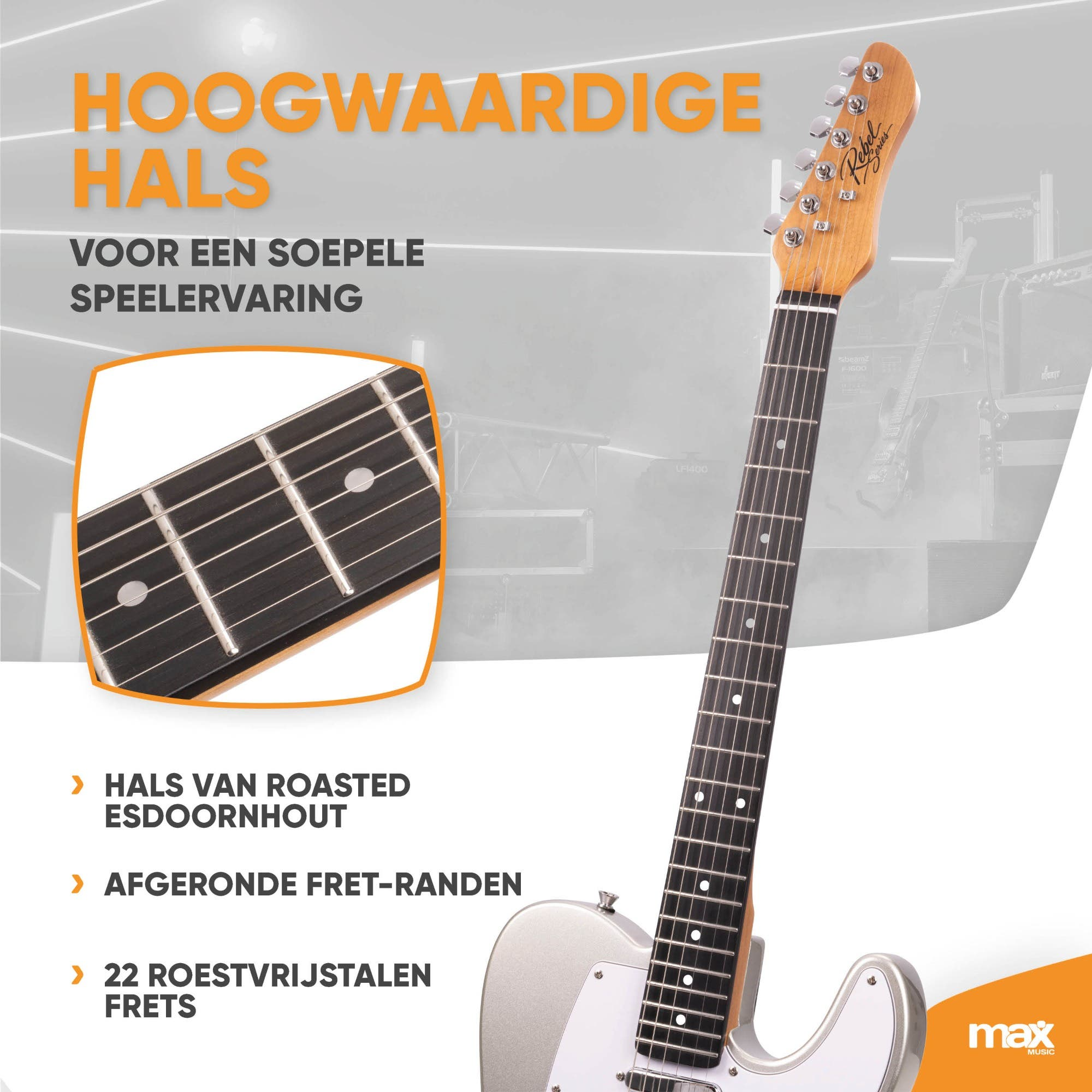 Nahaufnahme einer elektrischen Gitarre mit einem Ahornhals und Edelstahlbünden, inklusive Detailansicht des Griffbretts.