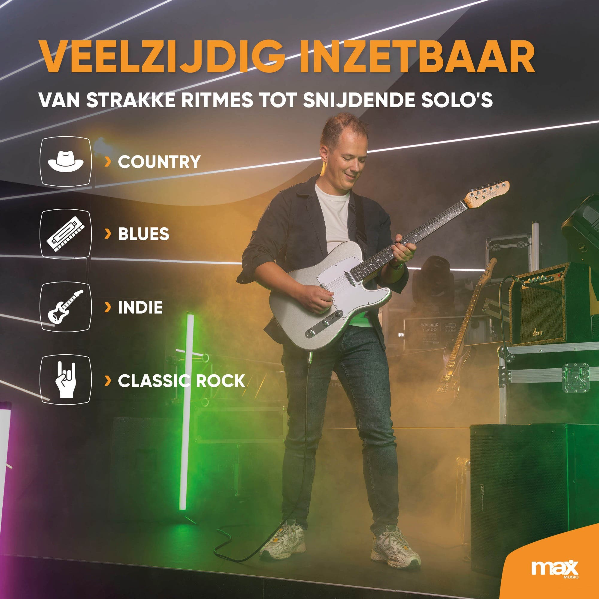 Ein Gitarrist spielt auf einer bunten Bühne mit Texten über Musikrichtungen wie Country, Blues und Rock.