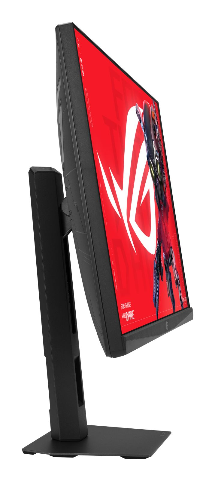 Ein schwarzer Gaming-Monitor auf einem Ständer mit einem leuchtend roten Bildschirm, weißem ROG-Logo und Grafik.