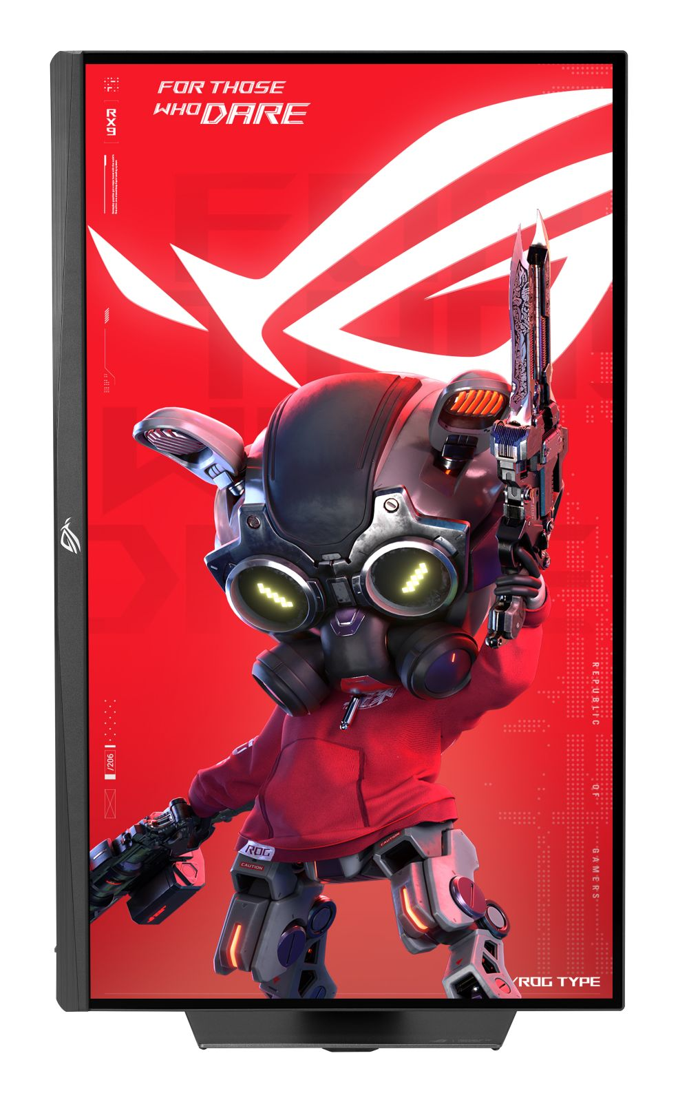 Ein Roboterfigur mit rotem Kapuzenpulli und Waffen vor einem roten Asus ROG Hintergrund.
