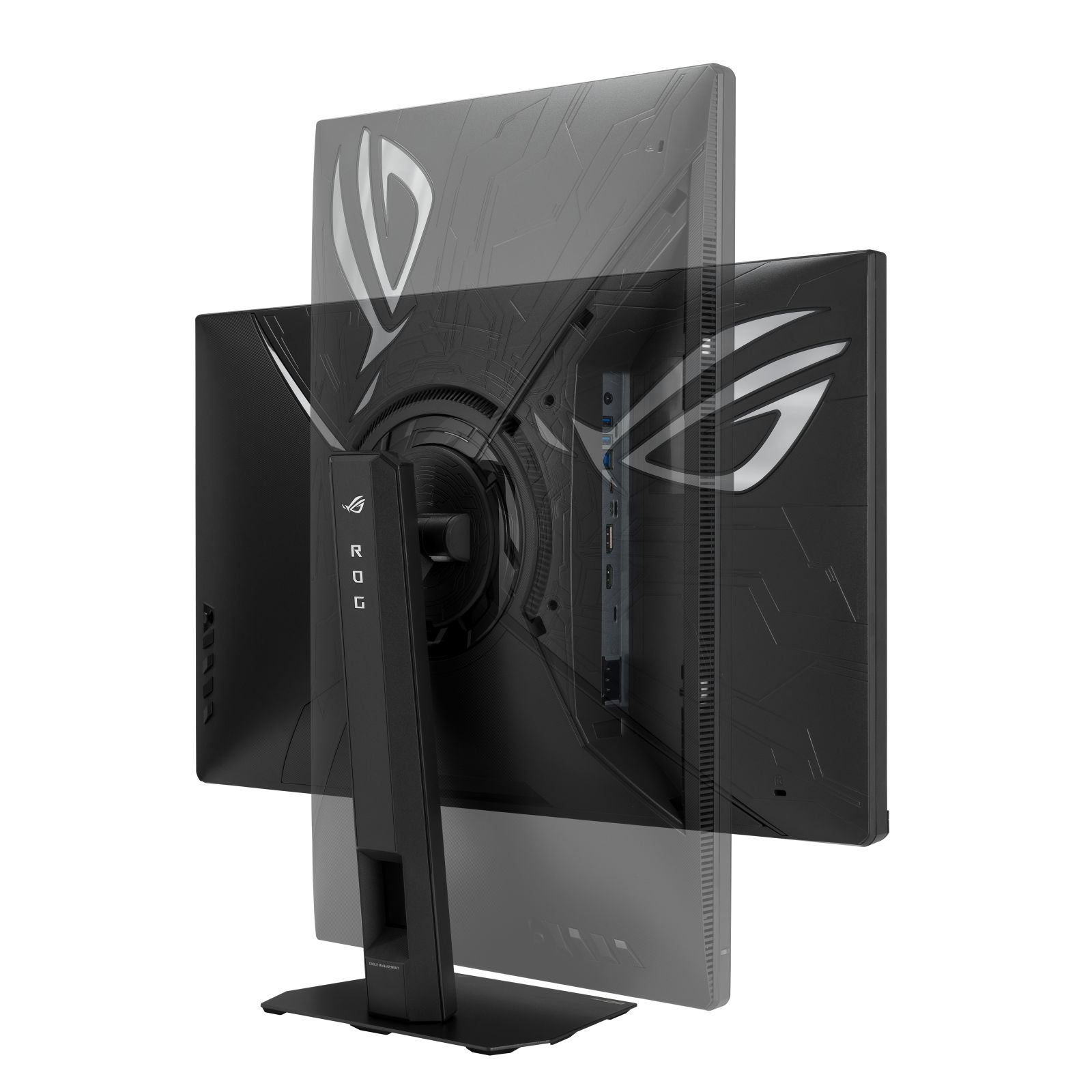 Rückansicht eines verstellbaren schwarzen Gaming-Monitors mit ROG-Logo.