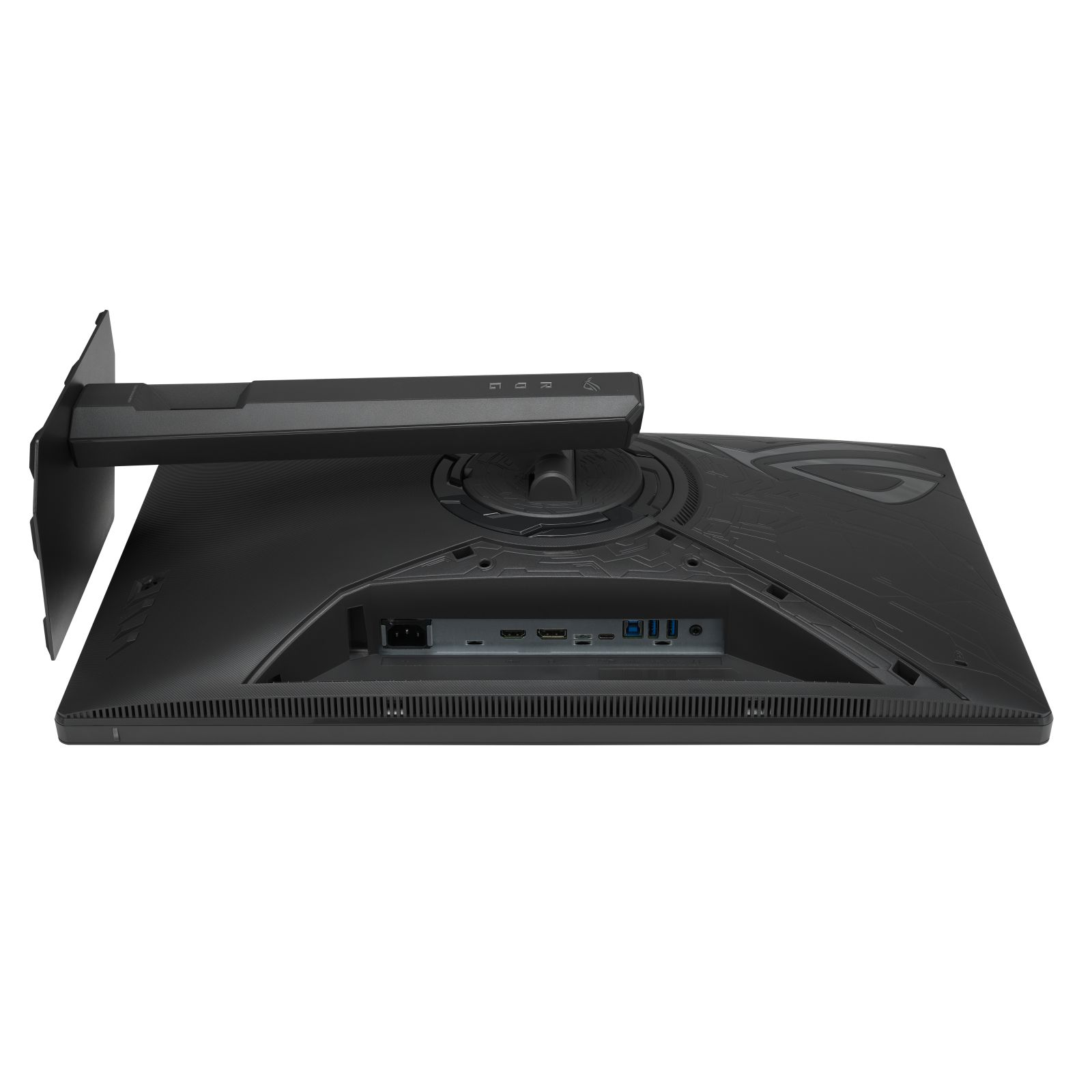 Rückansicht eines schwarzen Monitors mit ergonomischer Tischhalterung und verschiedenen Anschlüssen.