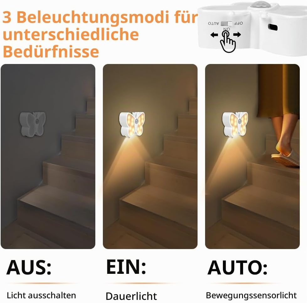 Drei Paneele zeigen Schmetterlings-Nachtlichtmodi auf Treppen: aus, Dauerlicht und Bewegungssensor.