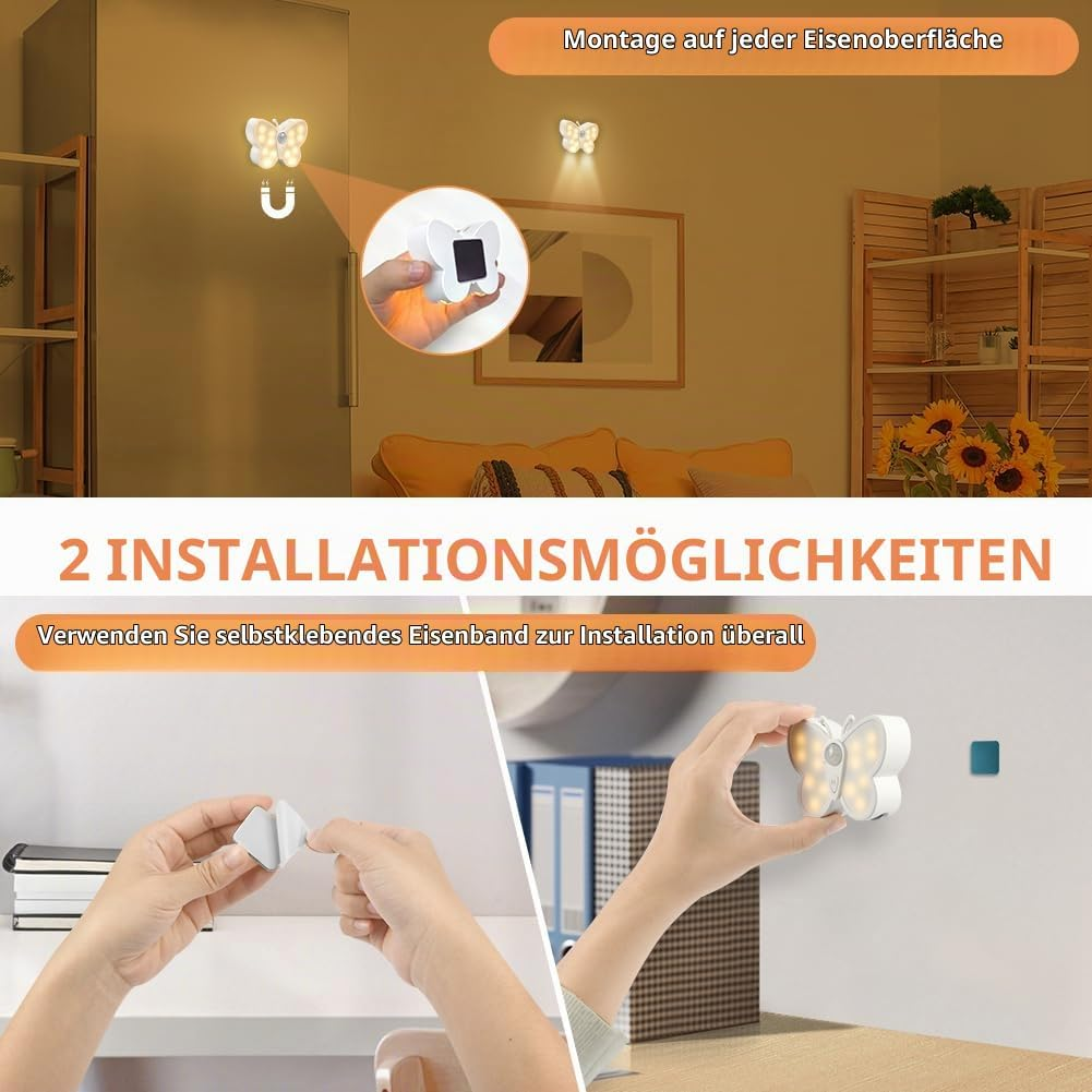 Zwei Installationsmethoden für ein Schmetterlings-Nachtlicht in einem Zimmer.