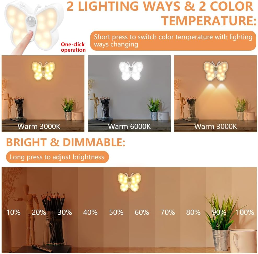 Eine schmetterlingsförmige Lampe mit verstellbarer Farbtemperatur und Helligkeit auf einem Tisch.