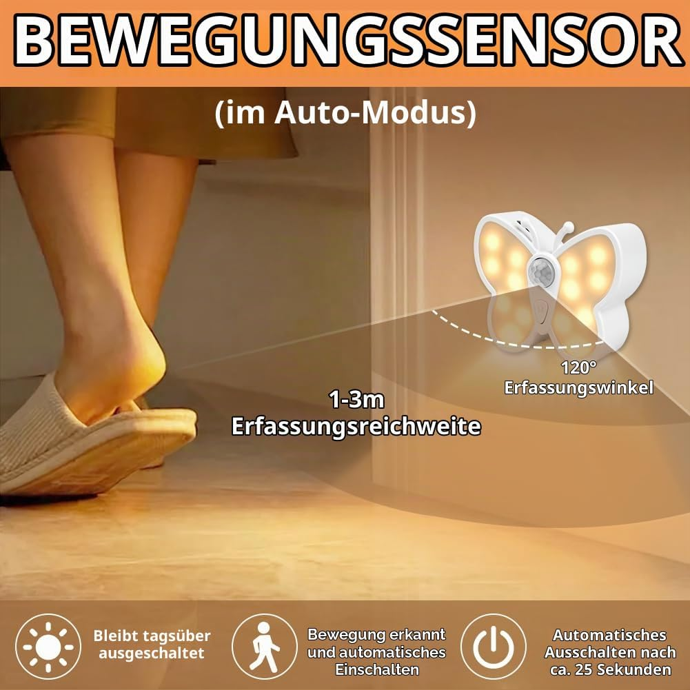Ein Schmetterlings-Nachtlicht mit Bewegungssensor leuchtet auf, während eine Person vorbeigeht.