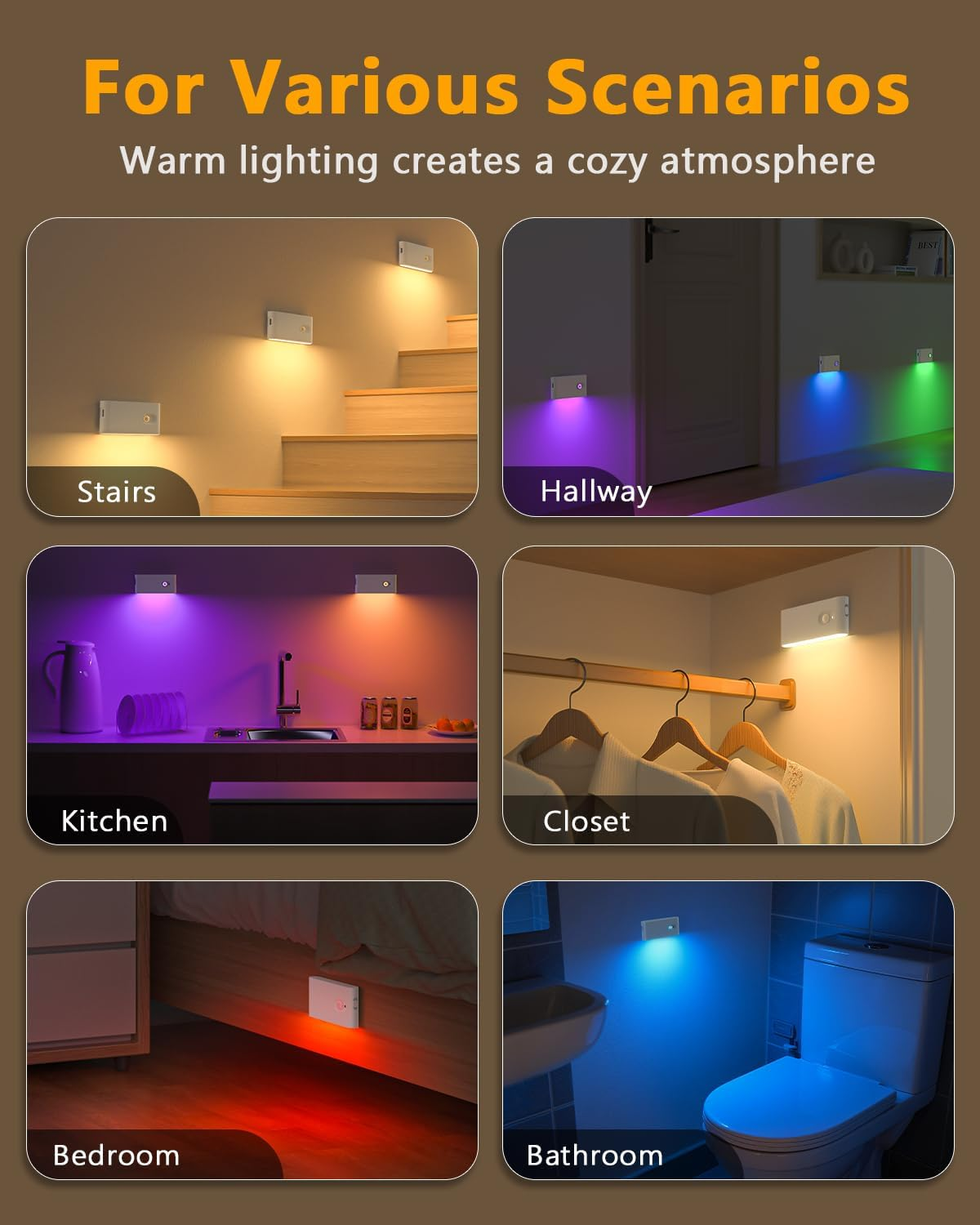 Sechs Bilder zeigen kleine LED-Leuchten in Treppe, Flur, Küche, Kleiderschrank, Schlafzimmer und Badezimmer.