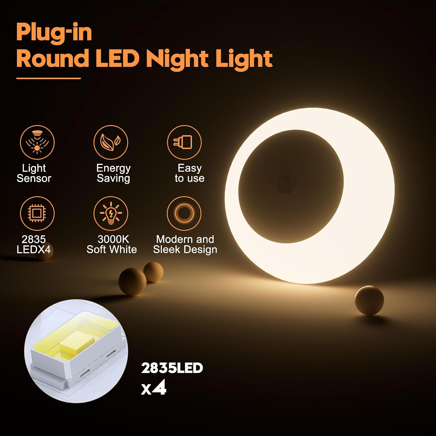 Rundes LED-Nachtlicht mit warmem Licht und Funktionen wie Lichtsensor und Energiesparmodus.