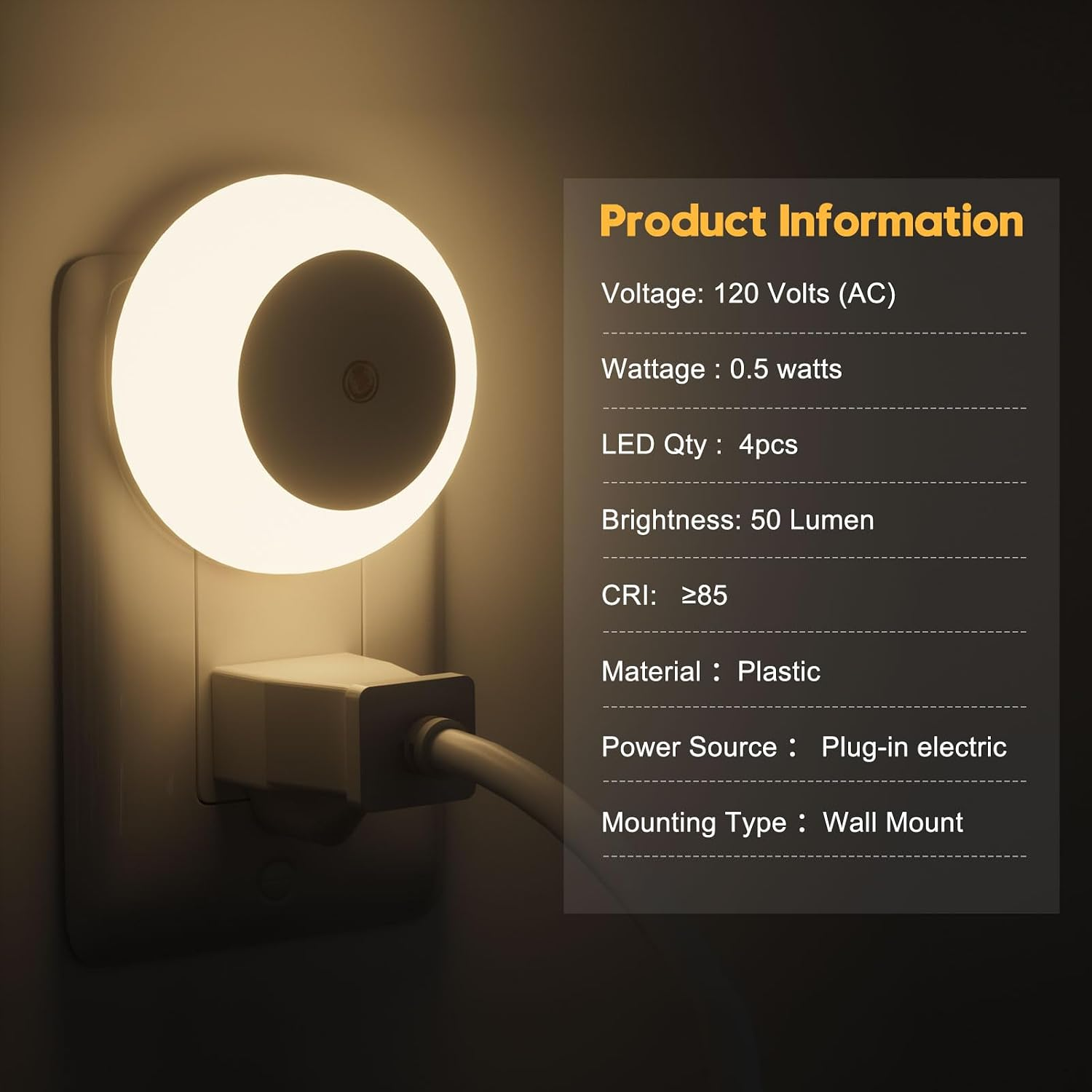 Beleuchtetes LED-Nachtlicht in der Steckdose mit Produktdetails daneben.
