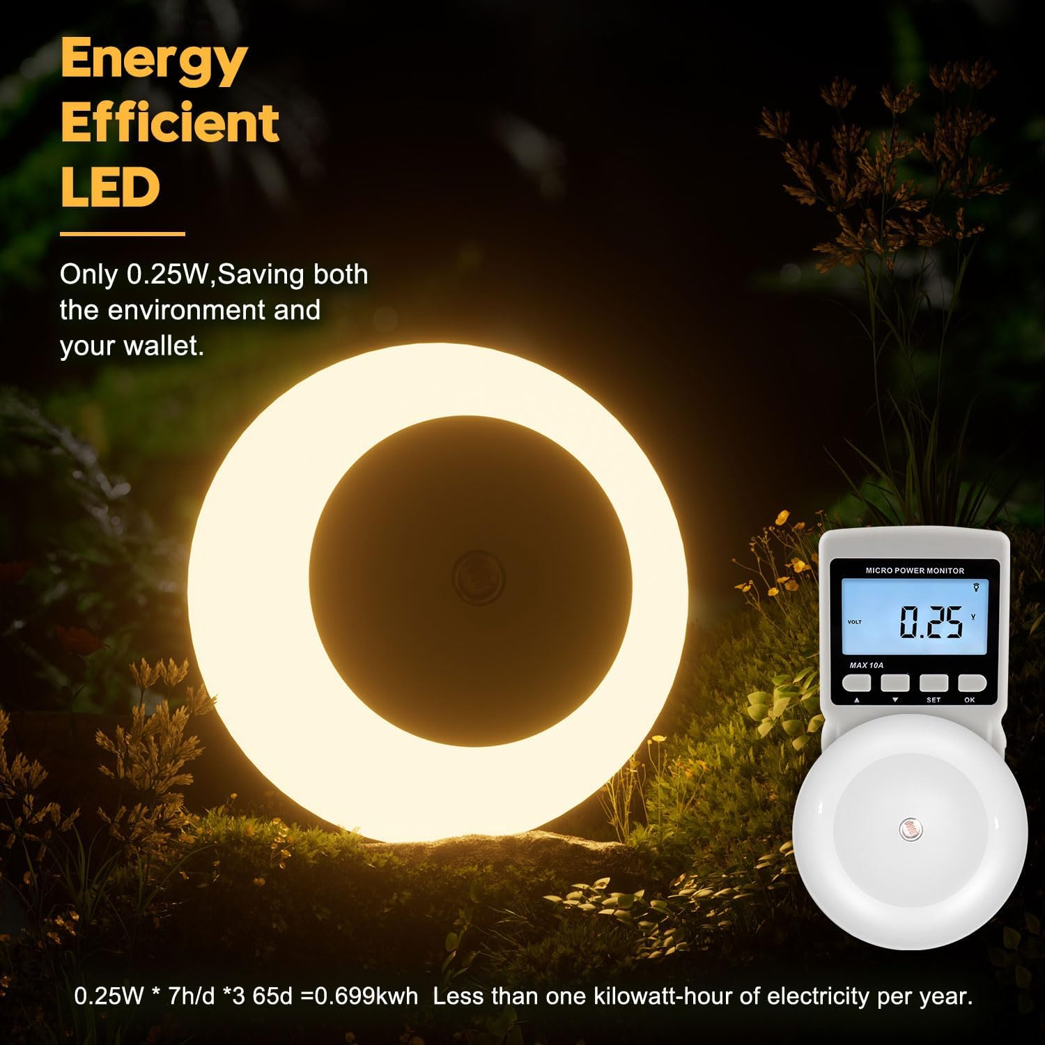 Eine runde, hell leuchtende LED-Leuchte im Garten nachts, daneben ein Energiemessgerät mit 0.25W.