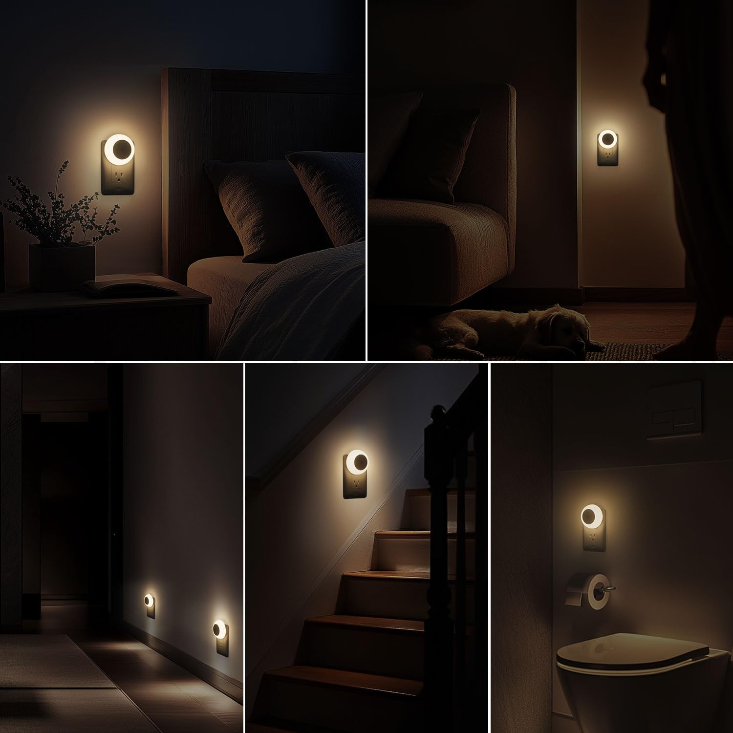 Eine Collage zeigt verschiedene Räume, die von kleinen, runden LED-Nachtlichtern im Dunkeln beleuchtet werden.