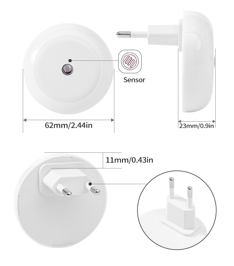 Diagramm zeigt Abmessungen eines runden weißen LED-Nachtlichts mit integriertem Sensor und EU-Stecker.