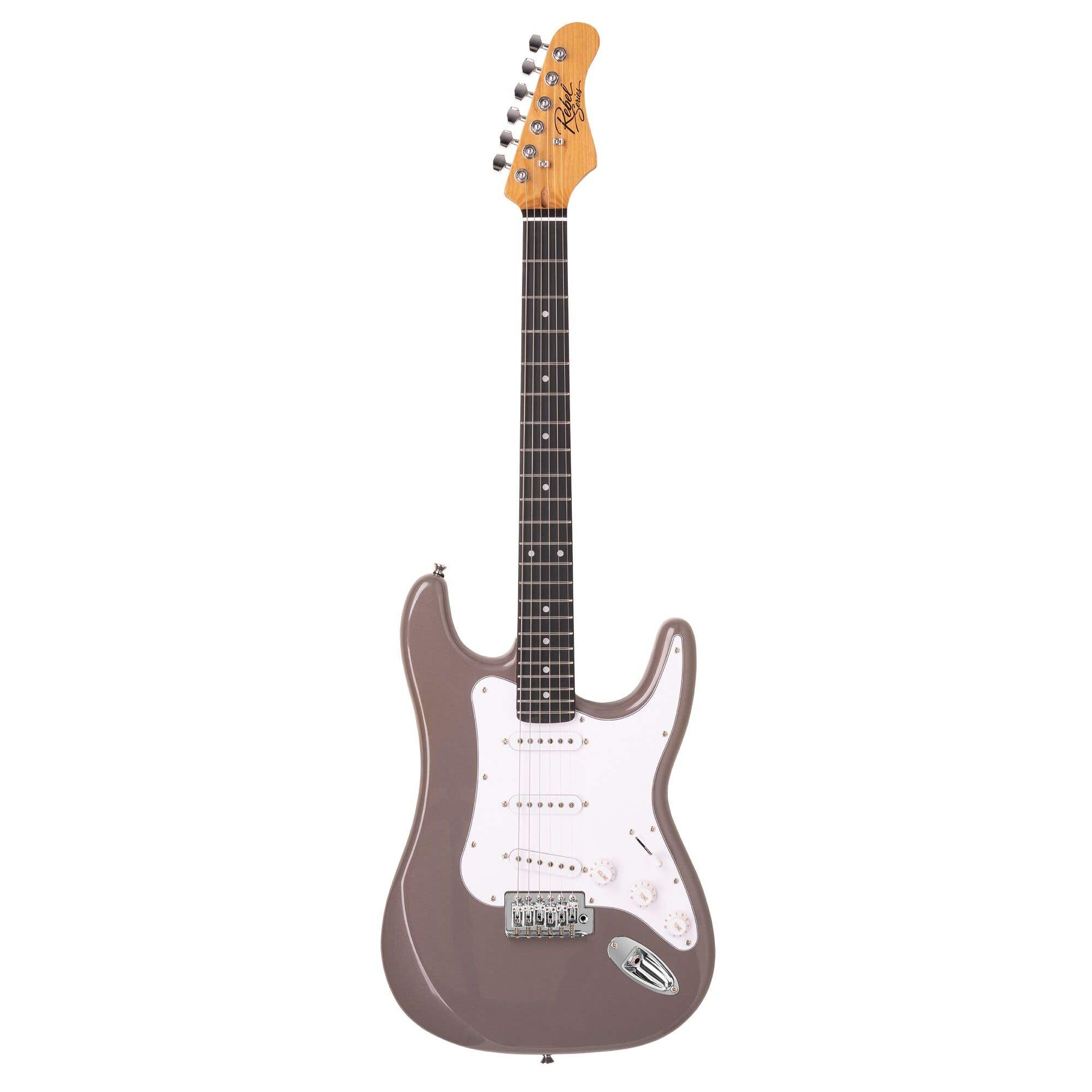 Eine graue E-Gitarre mit weißem Schlagbrett und Holzhals auf weißem Hintergrund.