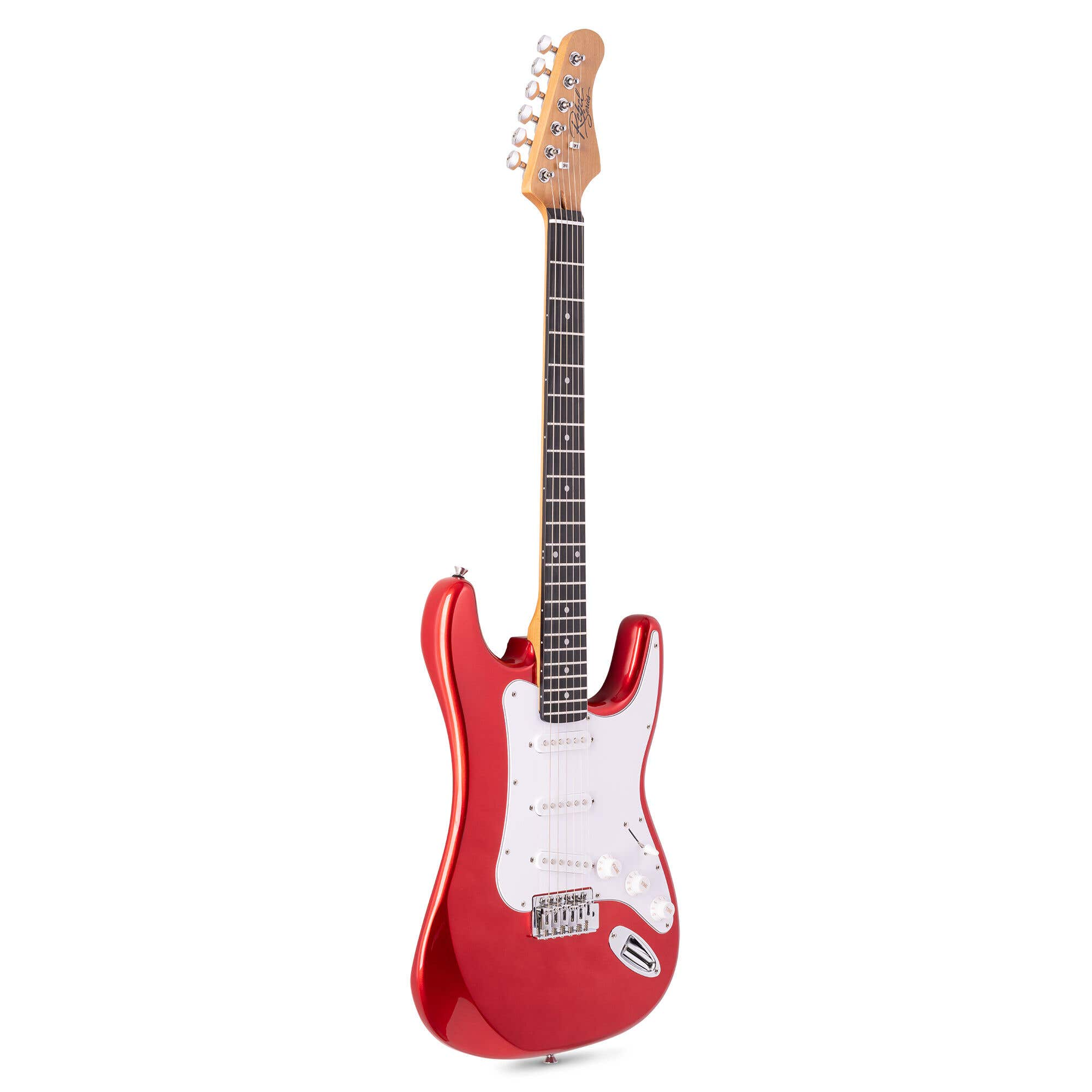 Eine rote E-Gitarre mit weißem Schlagbrett und silberner Hardware, vertikal vor weißem Hintergrund.