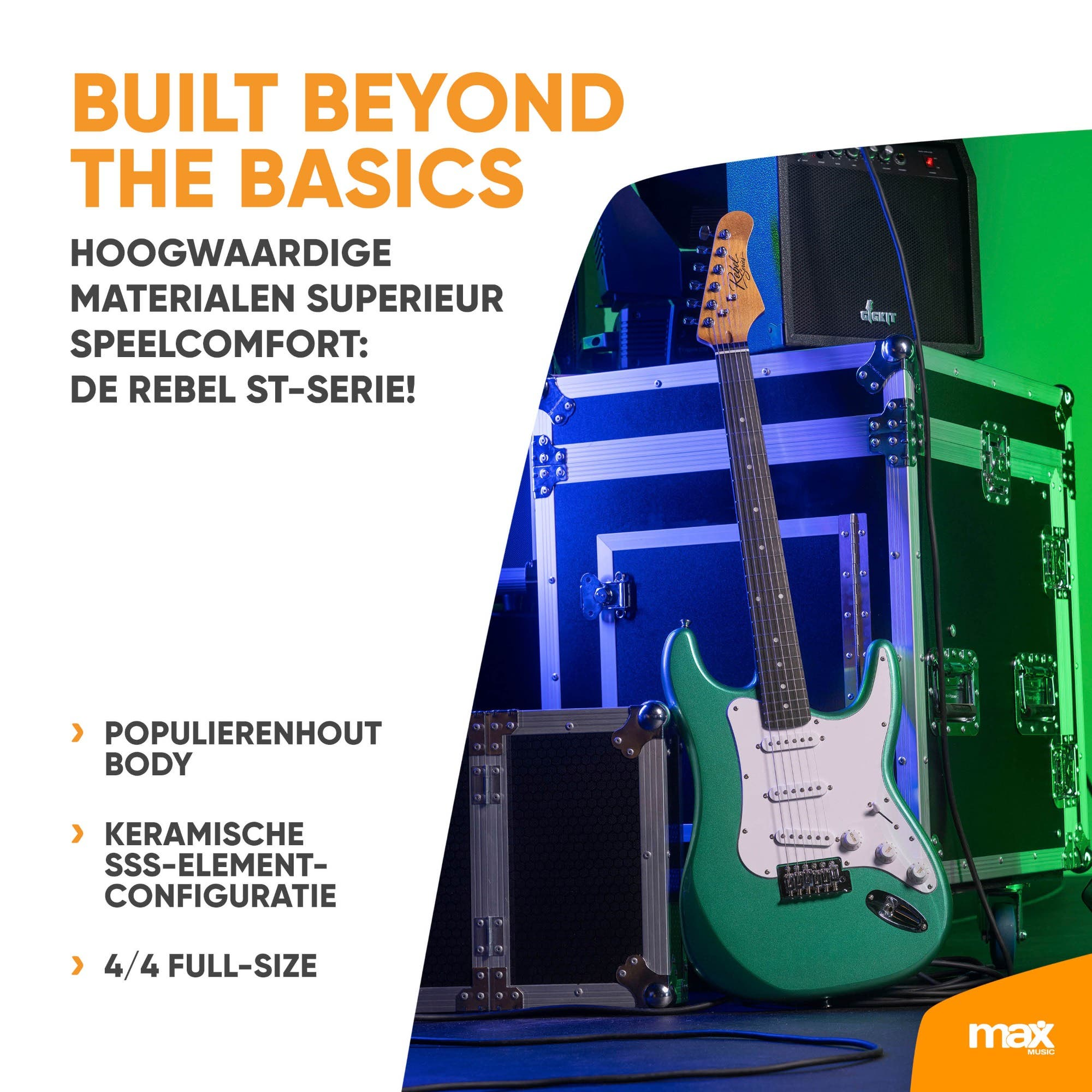 Eine metallic-grüne E-Gitarre steht vor Equipment-Koffern, mit Werbetext links.