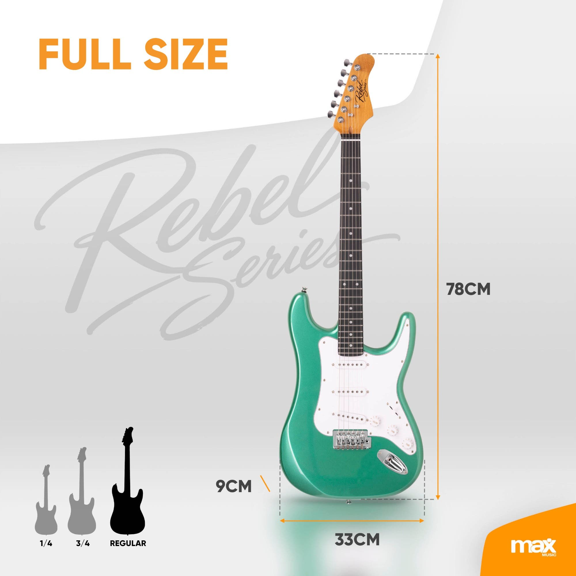 Eine grüne E-Gitarre mit weißem Schlagbrett und Maßangaben in Zentimetern auf hellem Hintergrund.