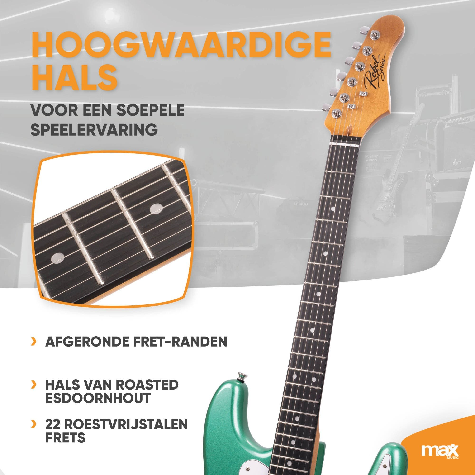 Nahaufnahme eines grünen E-Gitarrenhalses mit geröstetem Ahorngriffbrett, Edelstahlbünden und niederländischem Text.