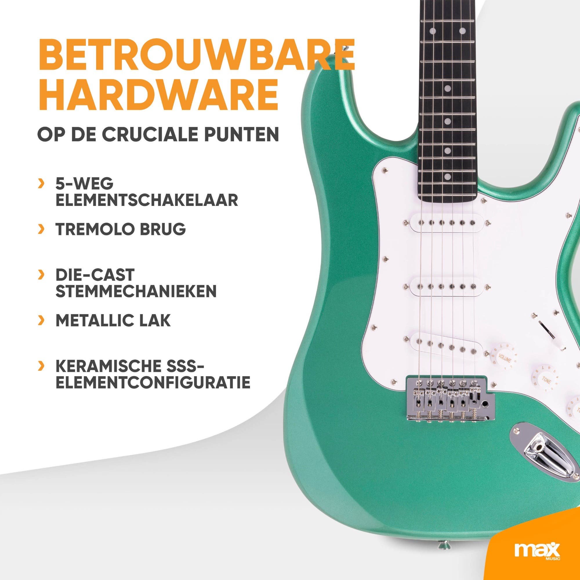 Grüne E-Gitarre mit weißem Pickguard und Text über Hardware.