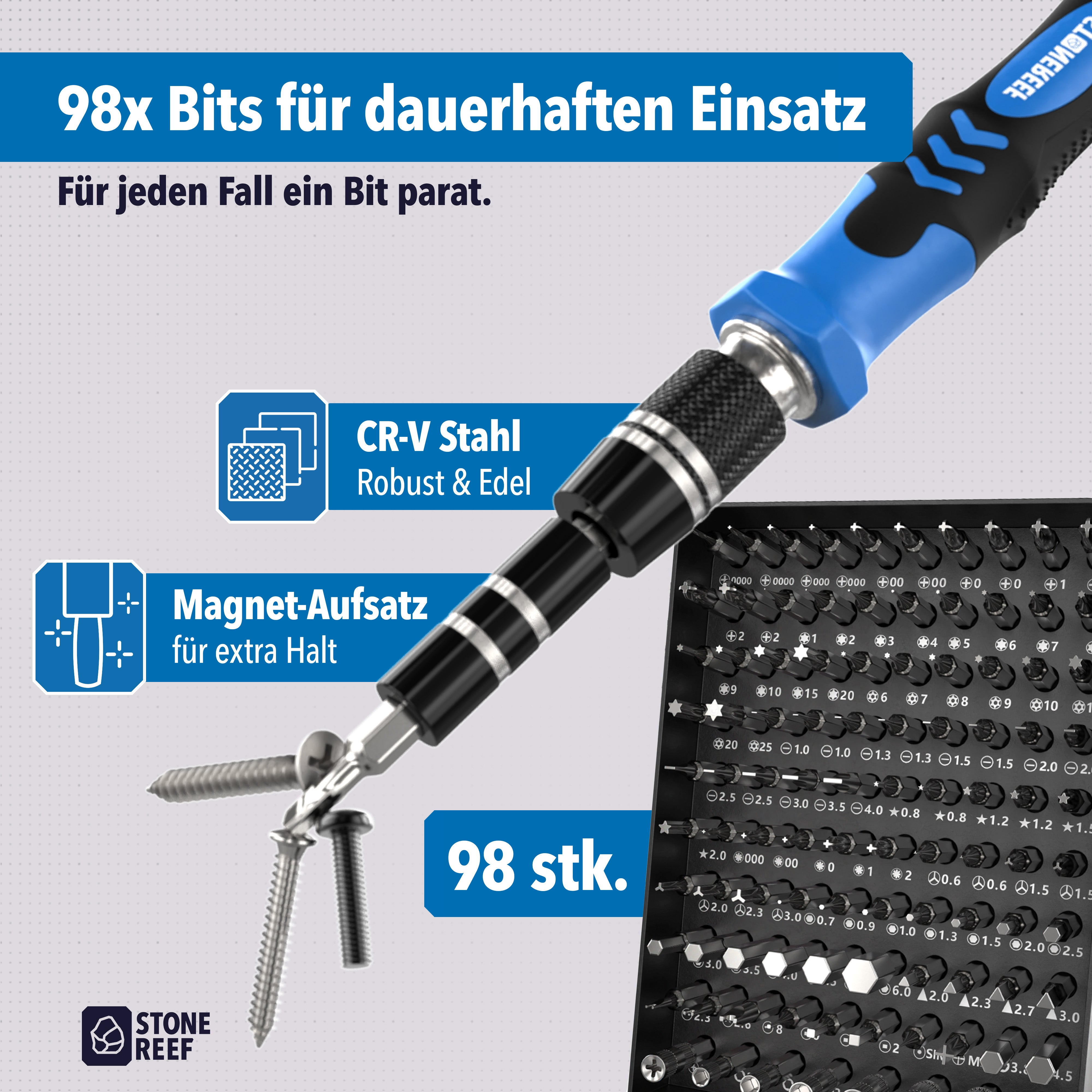 Präzisionsschraubendreher mit magnetischer Spitze, CR-V Stahl und 98-teiligem Bit-Set.