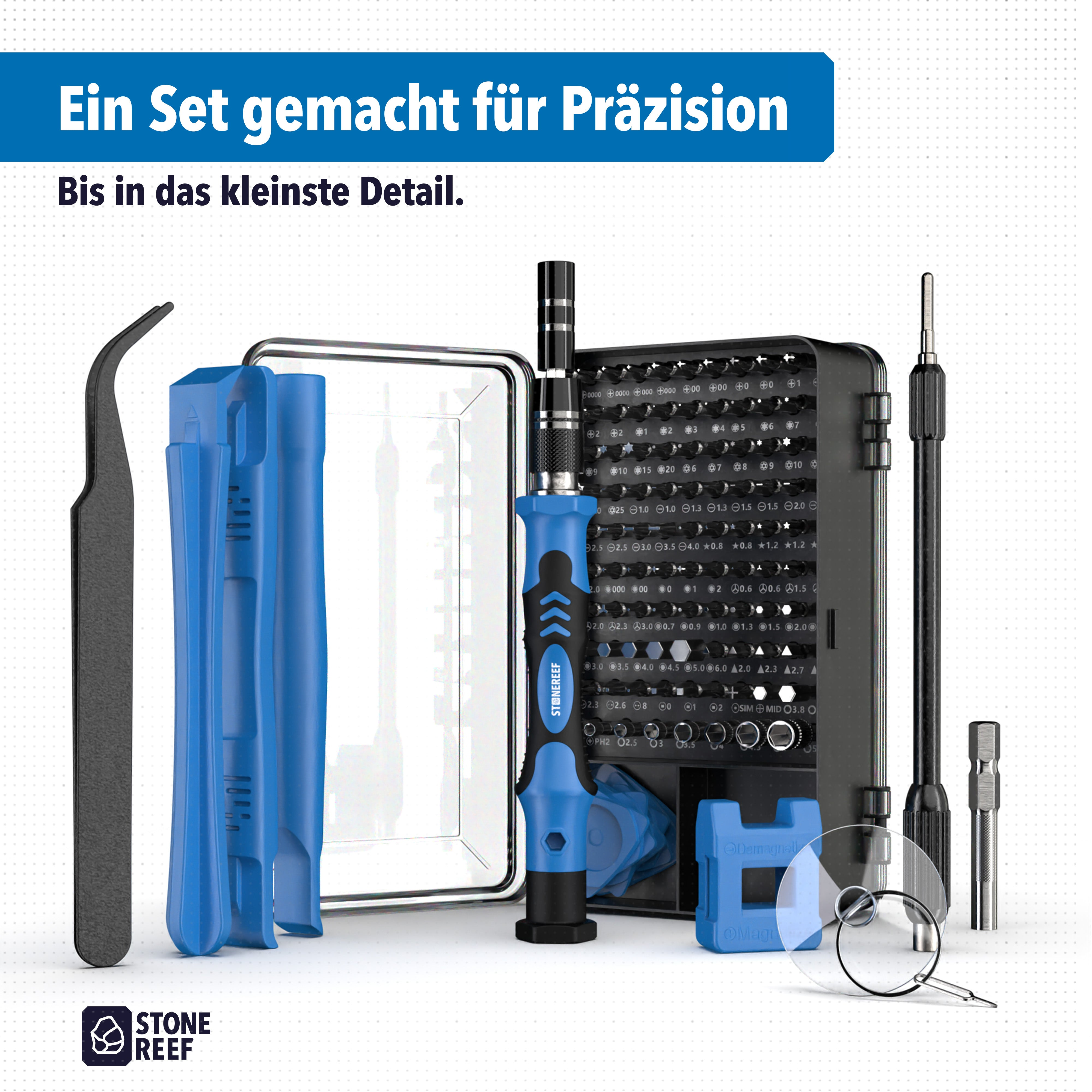 Präzisions-Werkzeugset von Stone Reef mit Schraubendreher, Bits, Pinzette und Öffnungswerkzeugen in einer Box.