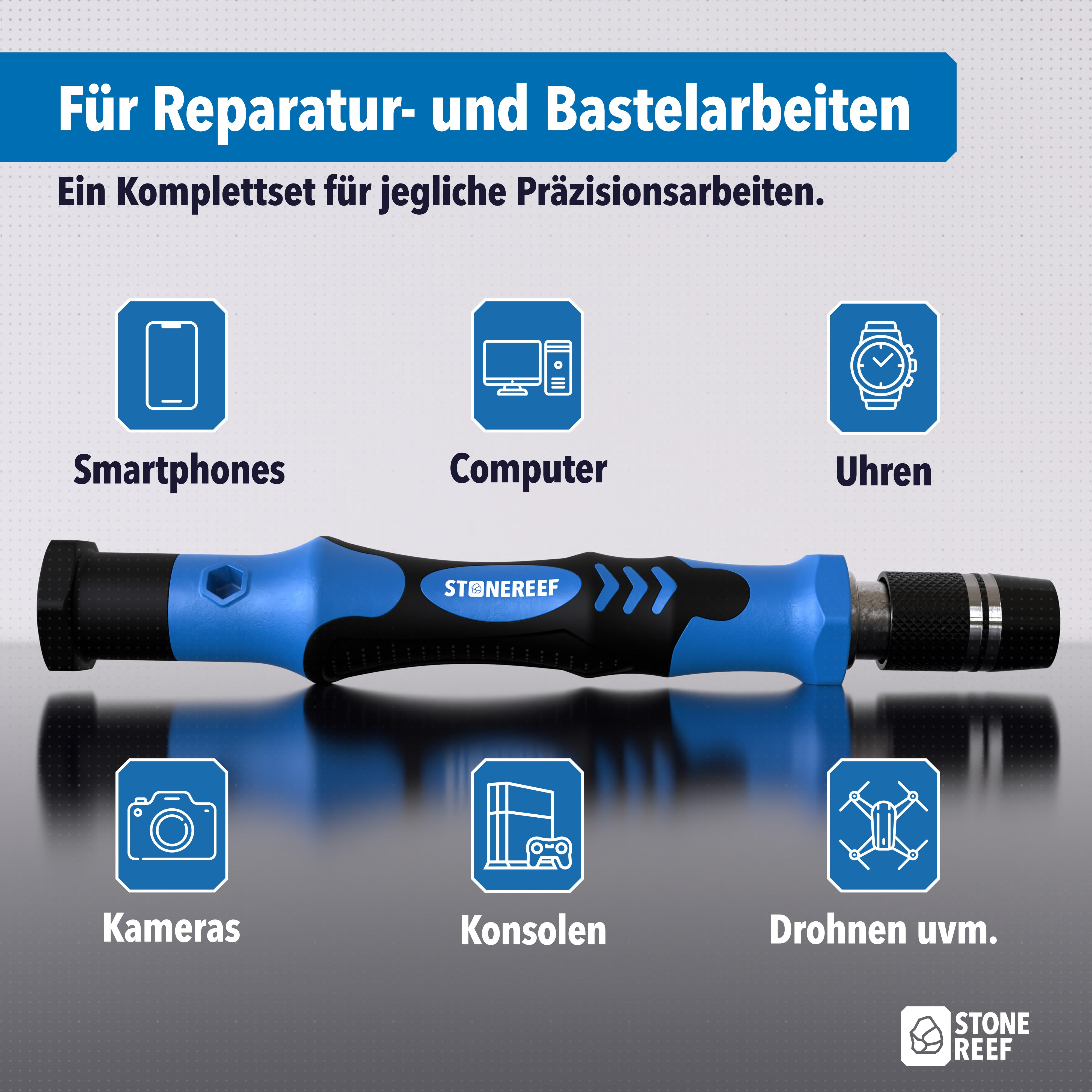 Präzisionsschraubenzieher mit Symbolen für Smartphones, Computer, Uhren, Kameras, Konsolen und Drohnen.