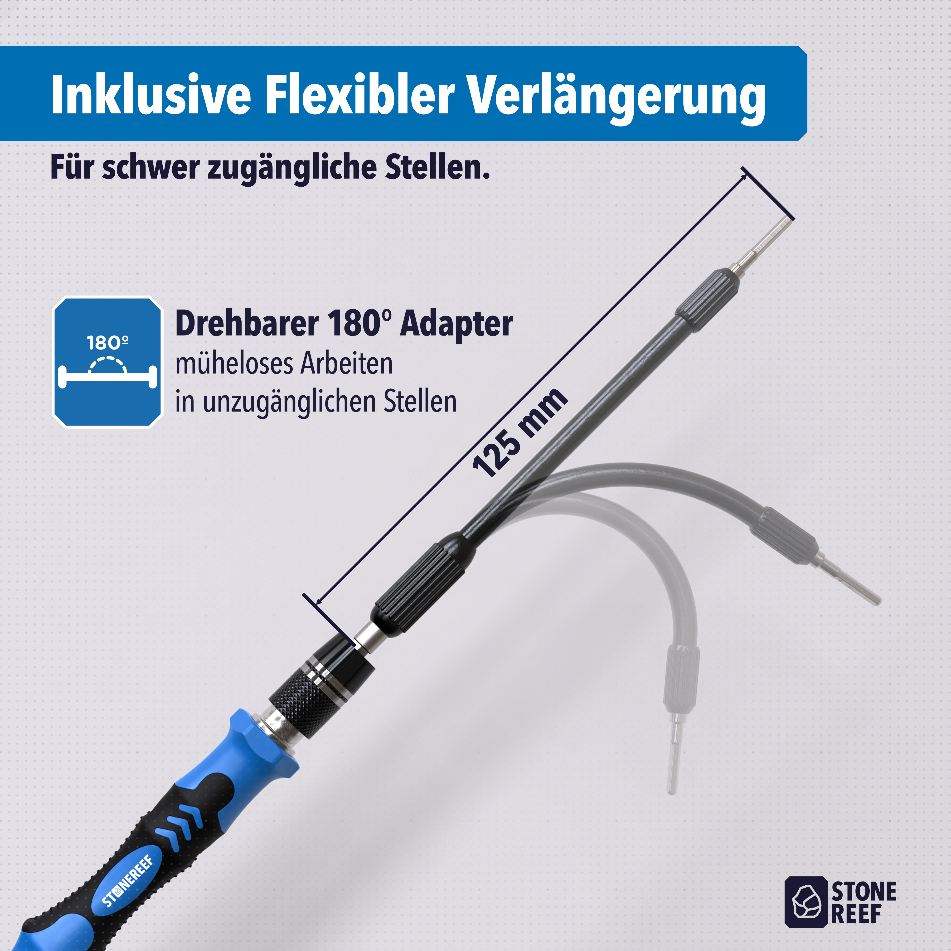 Blaue Werkzeugverlängerung mit 125 mm Länge und 180-Grad-Adapter für schwer zugängliche Stellen.