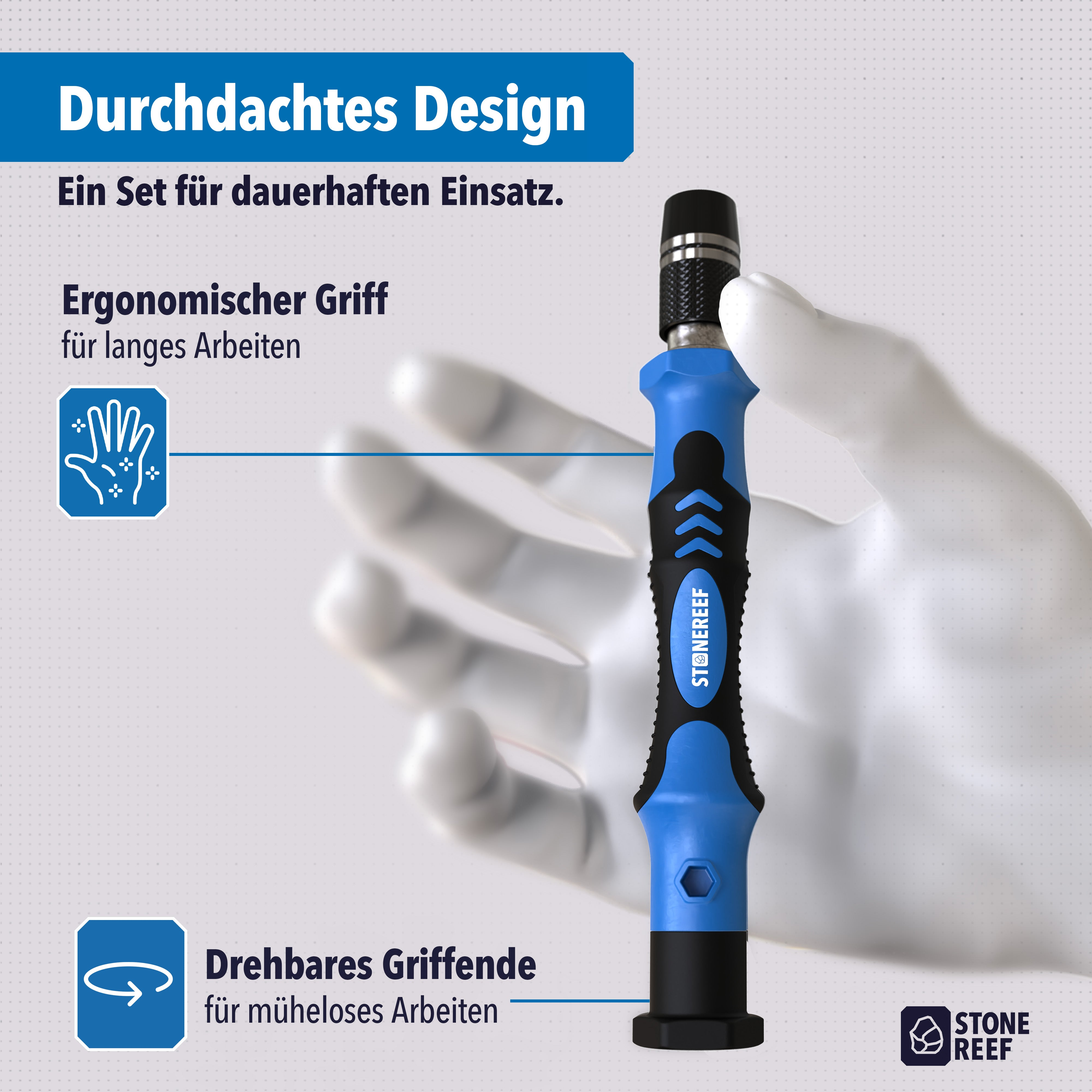 Hand hält blauen Schraubendrehergriff mit ergonomischem Design und rotierendem Ende vor grauem Hintergrund.