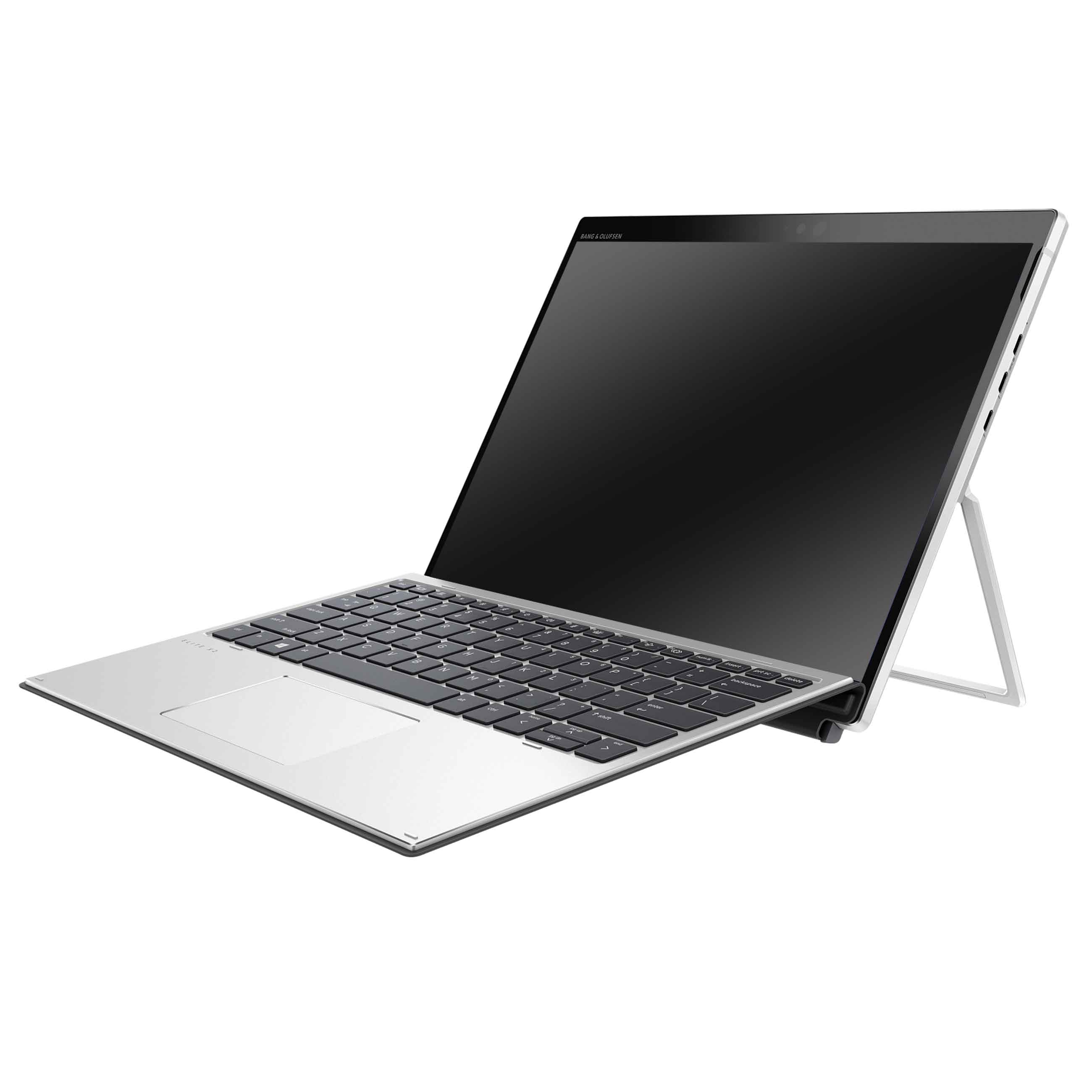 Ein silbernes 2-in-1-Laptop mit abnehmbarer Tastatur steht auf weißem Hintergrund.
