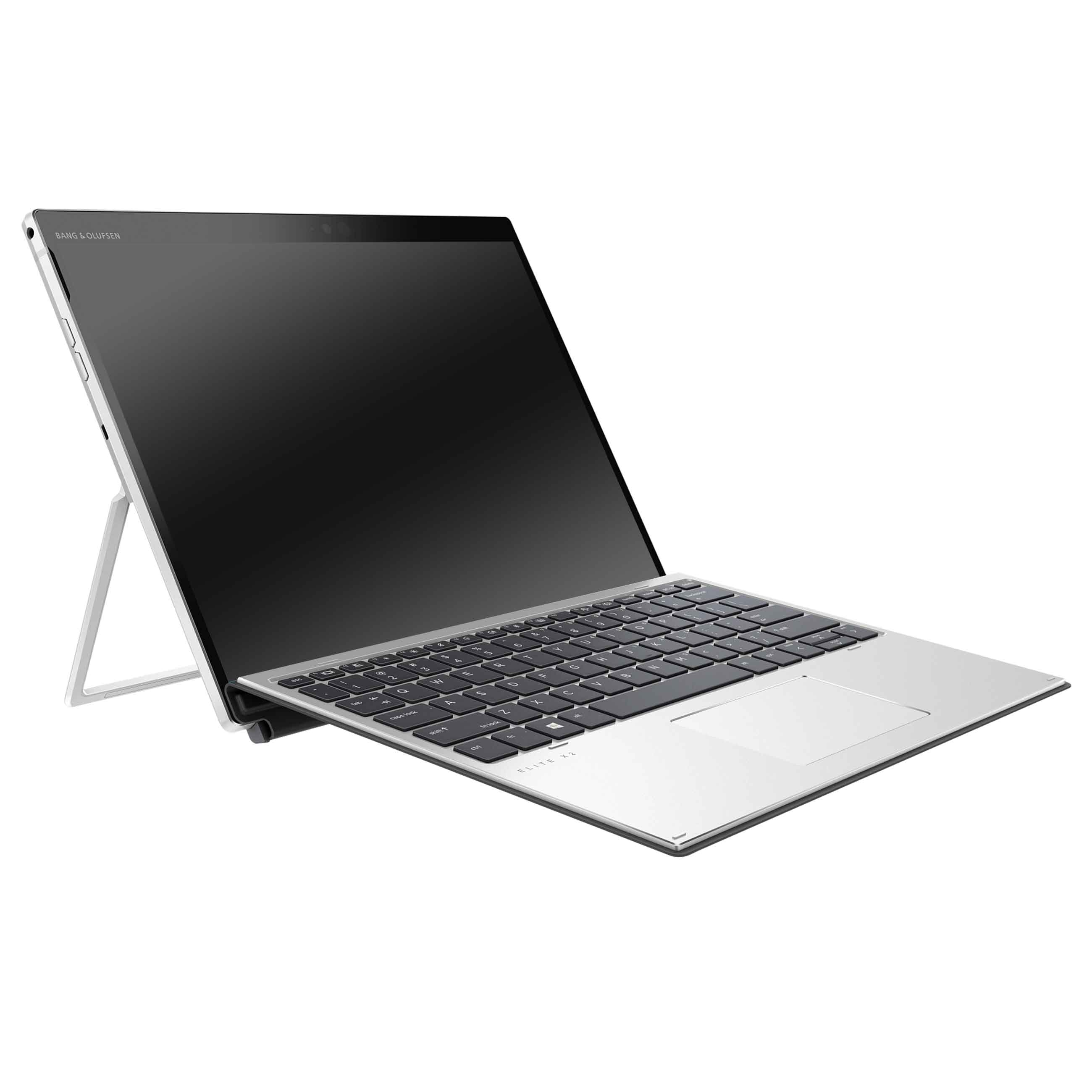 Ein silberner 2-in-1-Laptop mit abnehmbarer Tastatur und integriertem Ständer auf weißem Hintergrund.