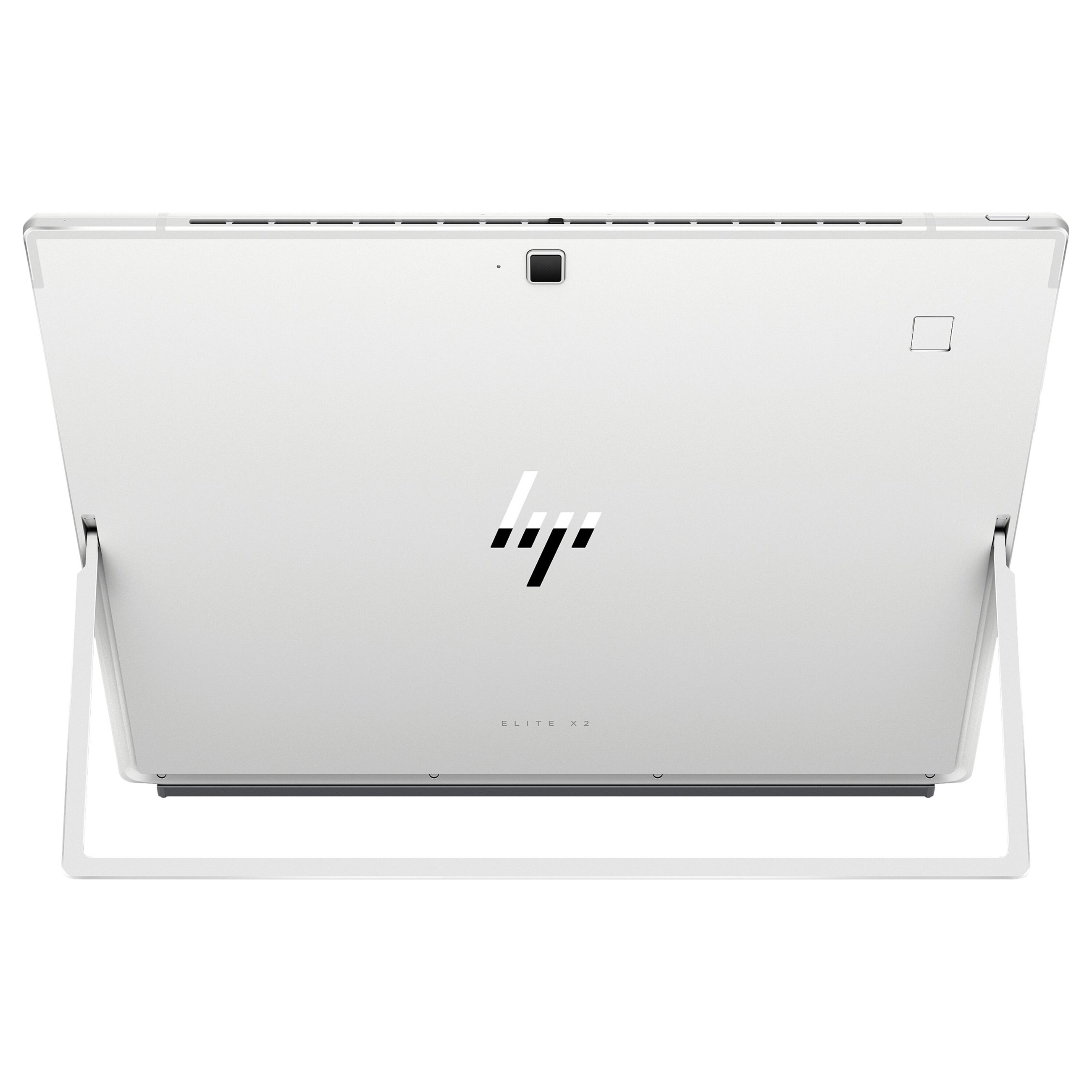 Rückansicht eines silbernen HP Elite x2 Tablets mit ausgeklapptem Ständer vor weißem Hintergrund.