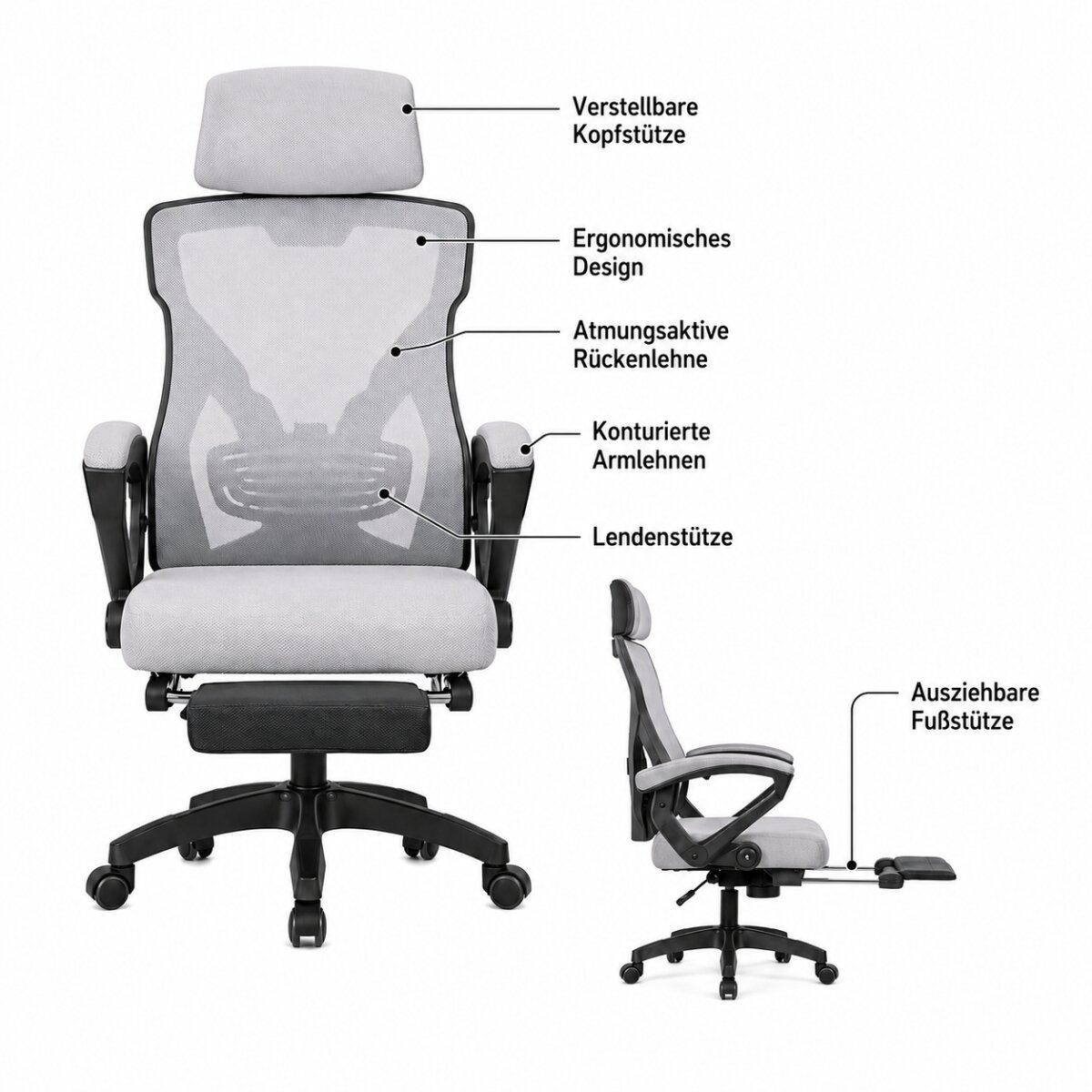 Grauer ergonomischer Bürostuhl mit Kopfstütze, Netzrückenlehne und ausziehbarer Fußstütze.