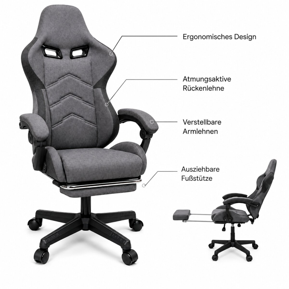 Grauer Gaming-Stuhl mit ergonomischem Design, verstellbaren Armlehnen und Fußstütze auf weißem Hintergrund.