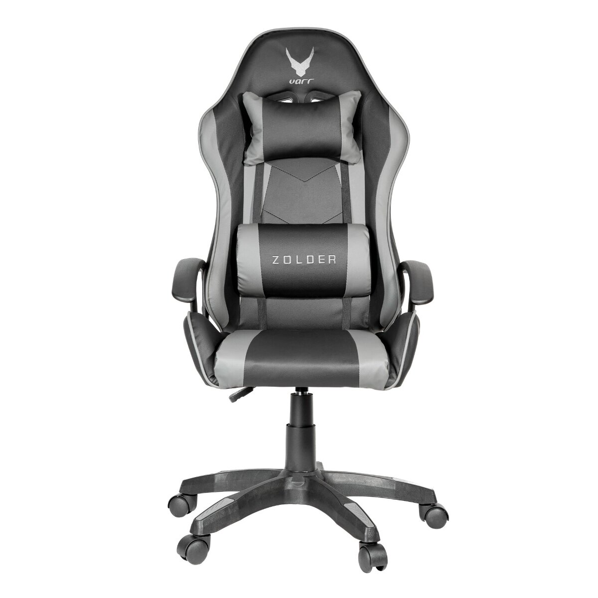 Schwarzer und grauer Gaming-Stuhl mit Kopfstütze und Kissen auf Rollen.