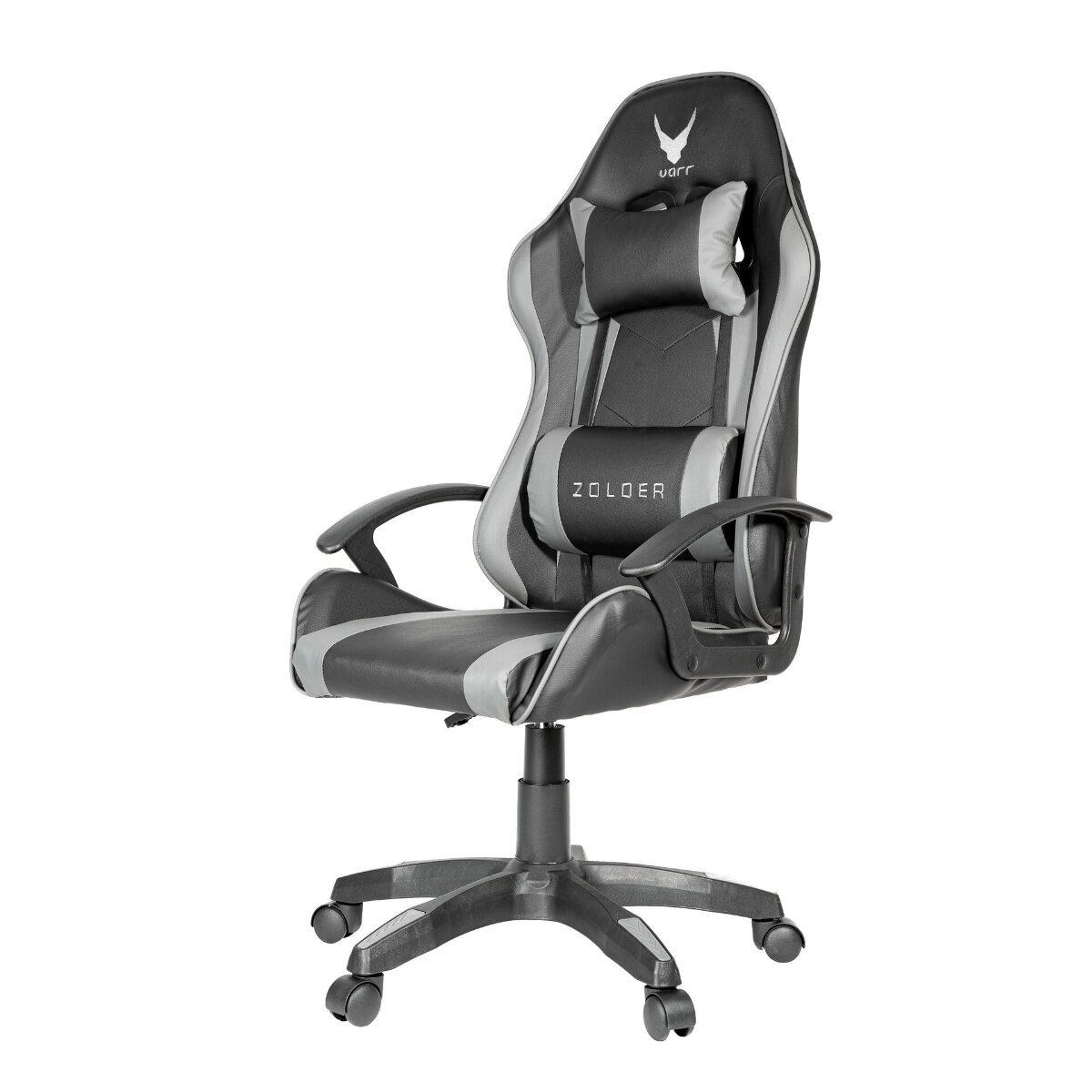 Ein schwarz-grauer Gaming-Stuhl mit Kopf- und Lendenkissen auf schwarzem Rollfuß vor weißem Hintergrund.