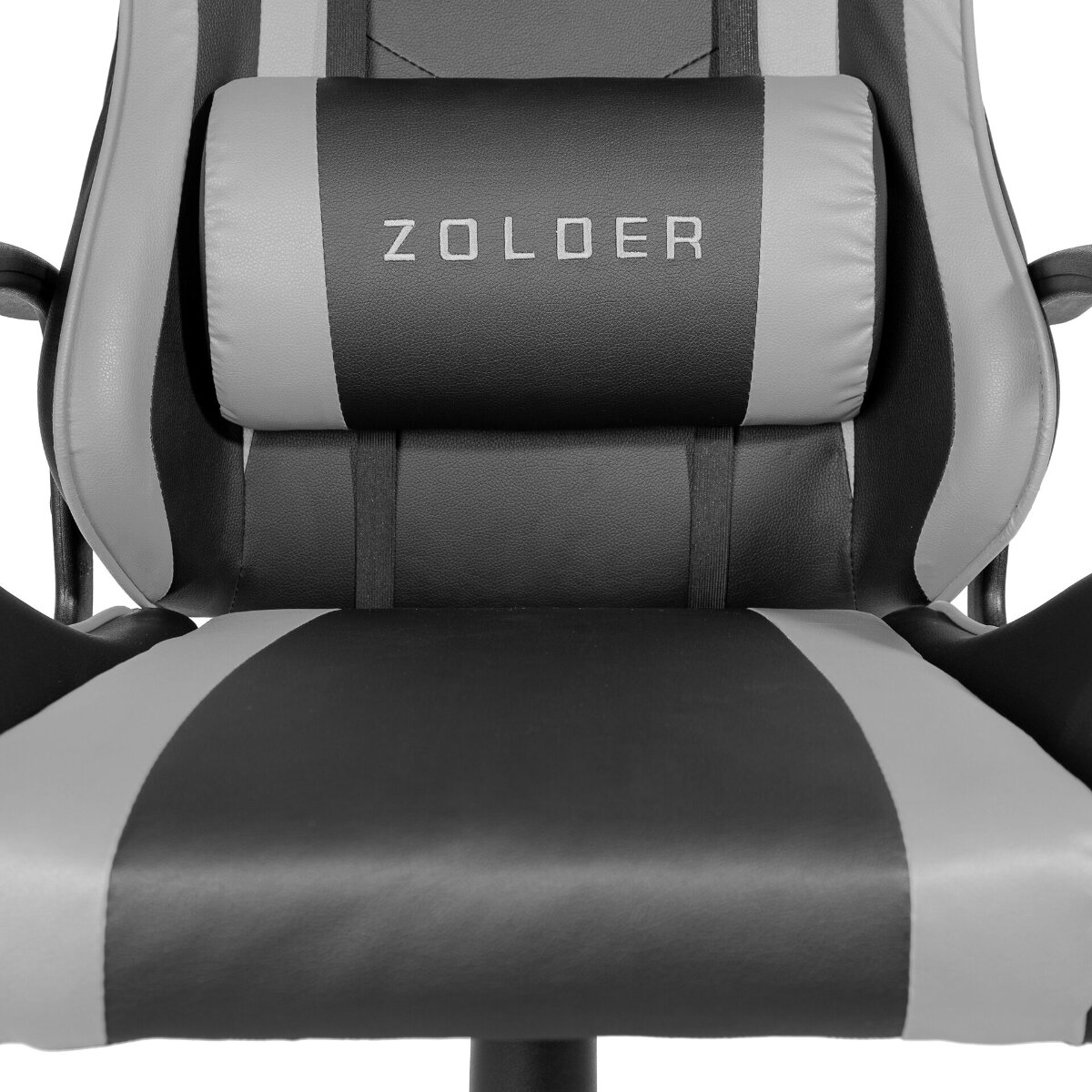 Nahaufnahme eines schwarz-grauen Zolder-Gaming-Stuhls mit Kopfkissen.