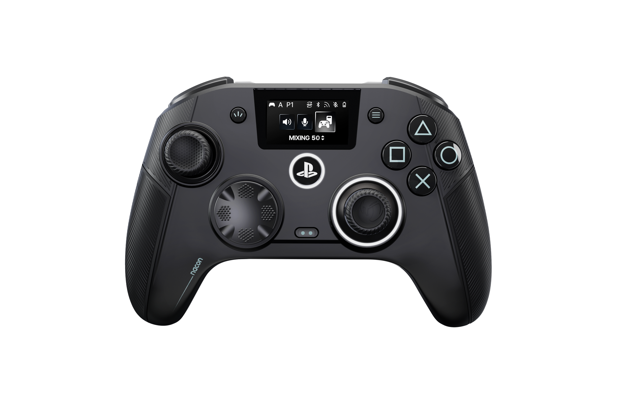Schwarzer PlayStation-Controller mit einem kleinen Display in der Mitte und asymmetrischen Joysticks.