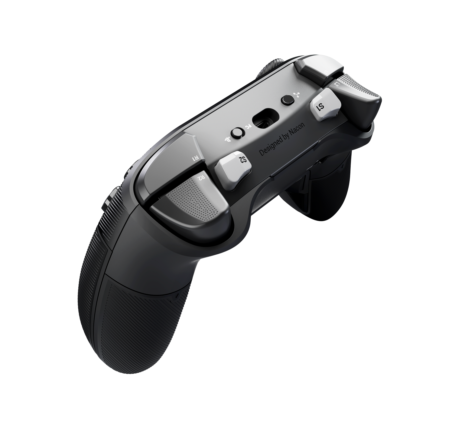 Schwarzer Nacon-Gaming-Controller mit silbernen Akzenten und strukturierten Griffen.