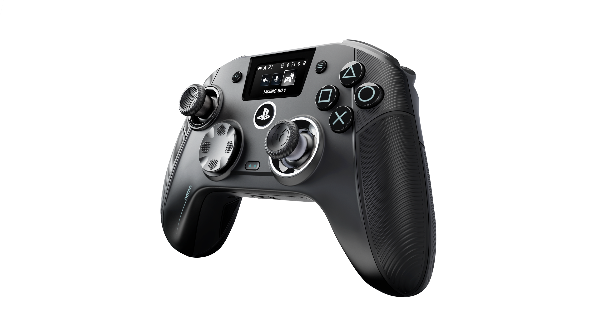 Ein grauer PlayStation-Gaming-Controller mit einem kleinen Display, Daumensticks und strukturierten Griffen auf schwarzem Hintergrund.