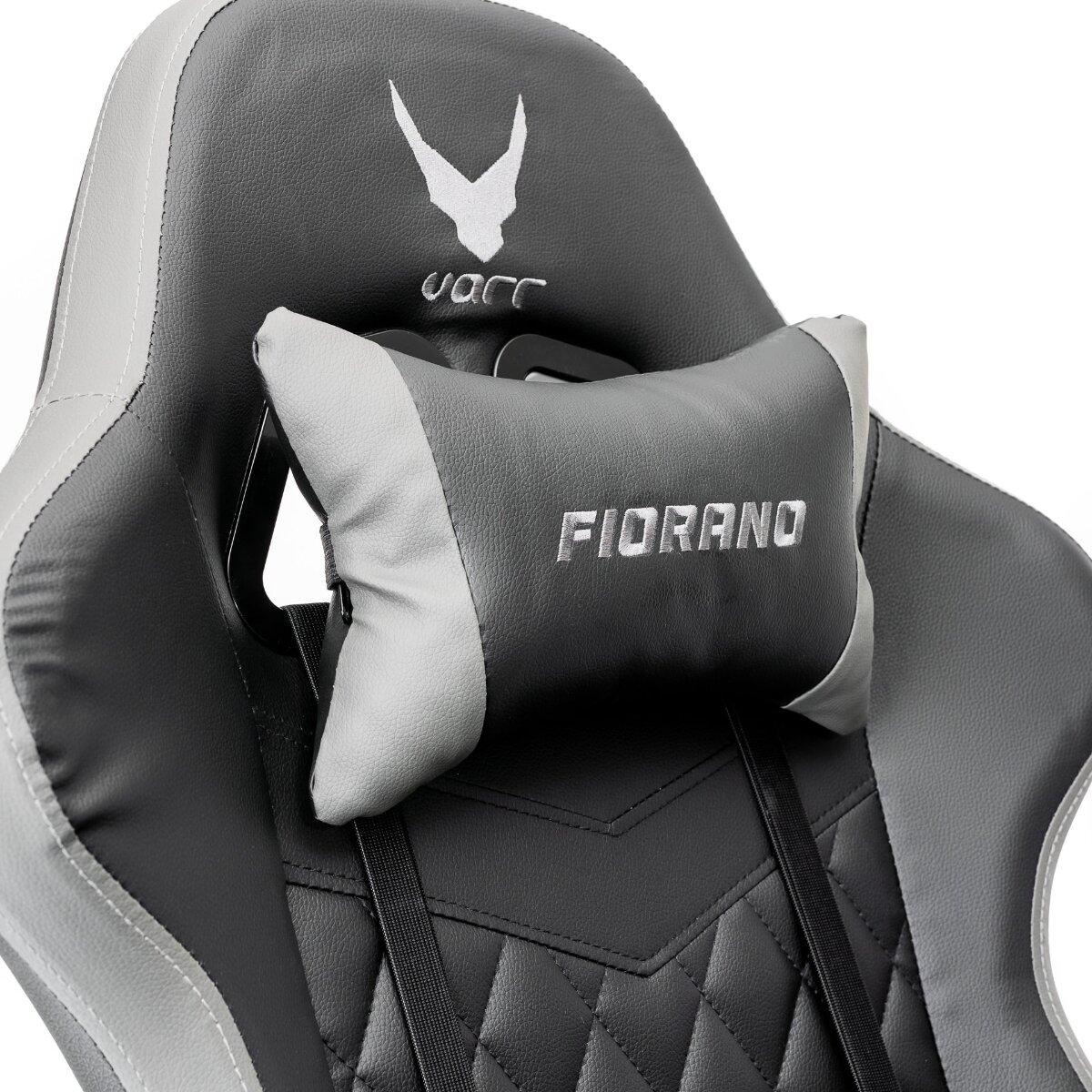 Grauer Varr Fiorano Gaming-Stuhl mit Kopfstützenkissen, Logo und rautenförmigem Steppmuster.