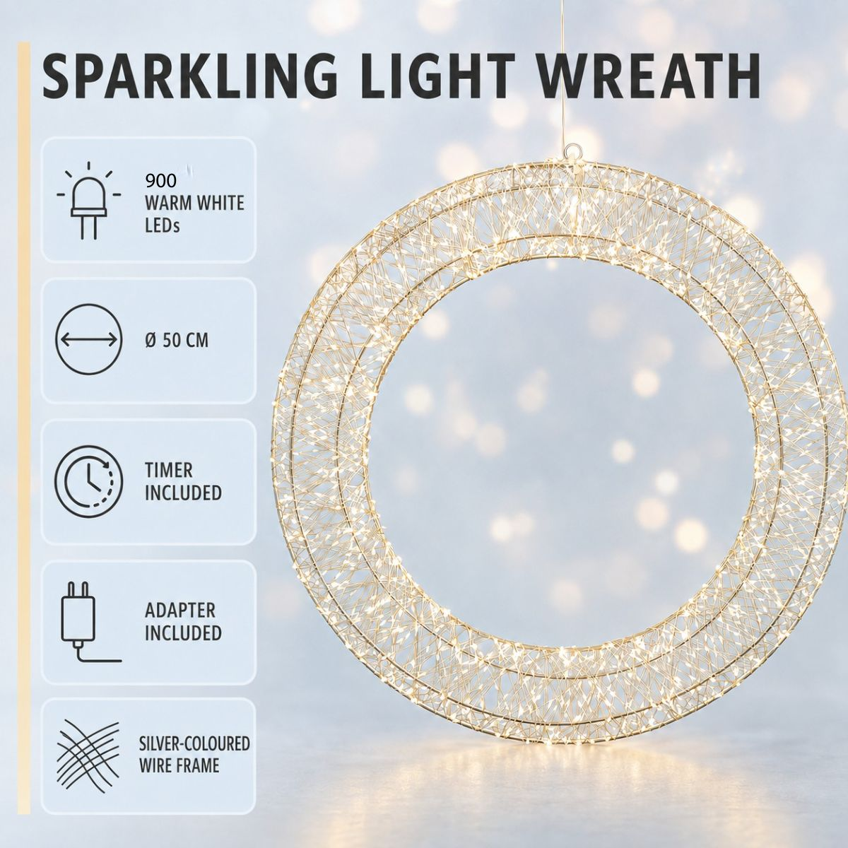 Sprankelende lichtkrans met 900 warmwitte led's, 50 cm diameter en timer.