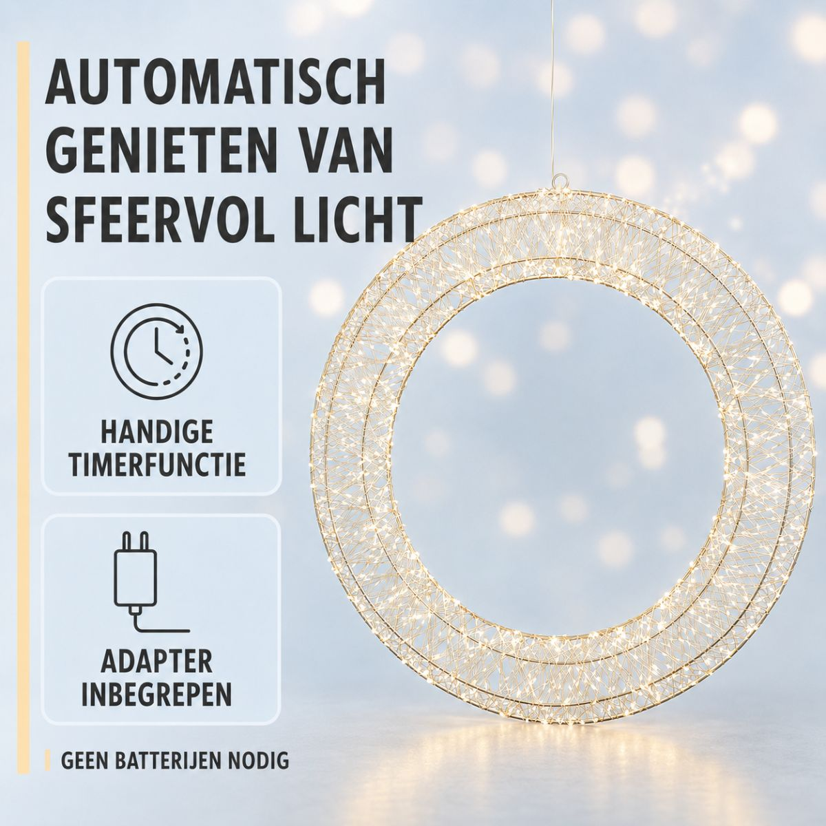 Een verlichte gouden draadkrans hangt tegen een wazige achtergrond met tekst en iconen.