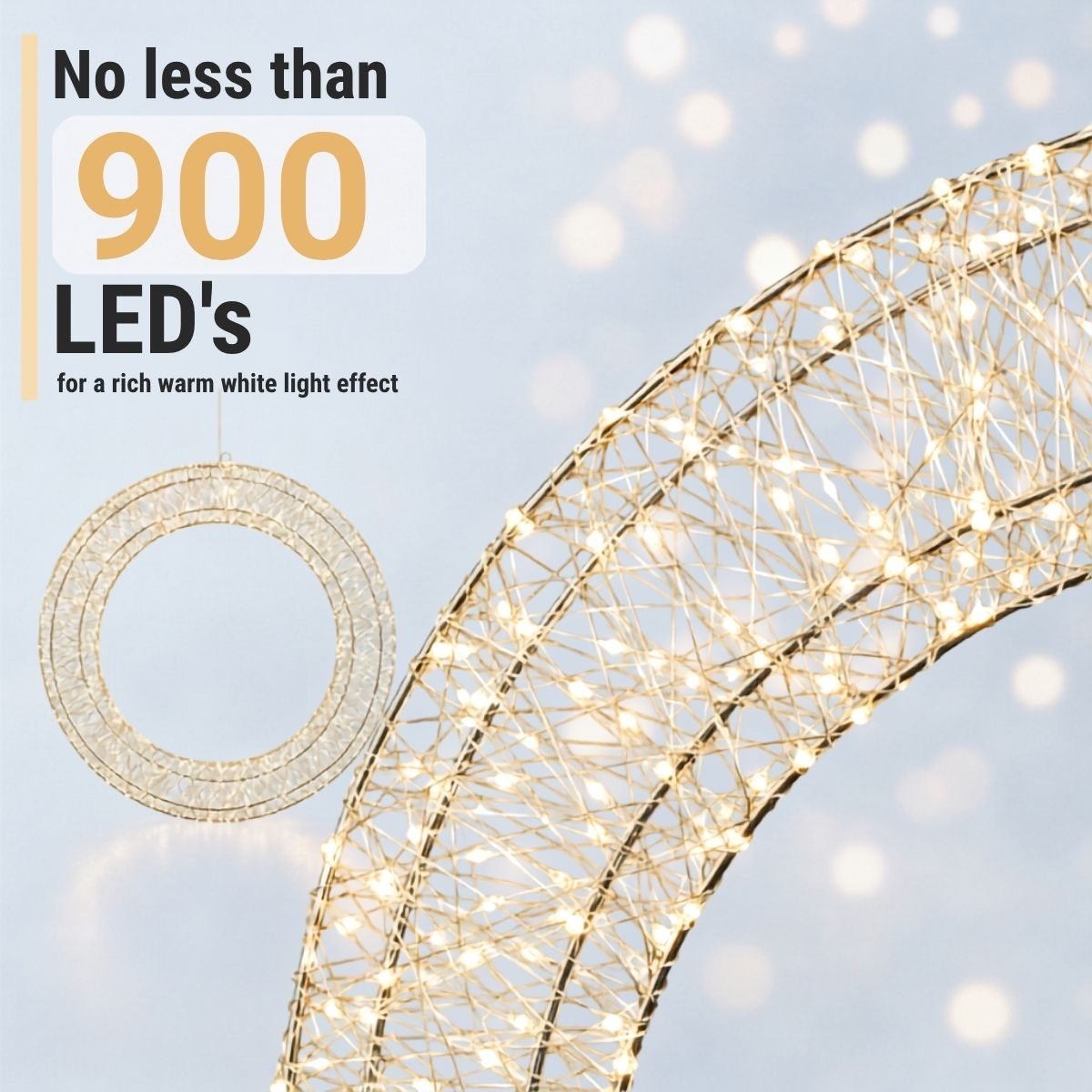Verlichte gouden boog met 900 warmleds en een hangende ring.