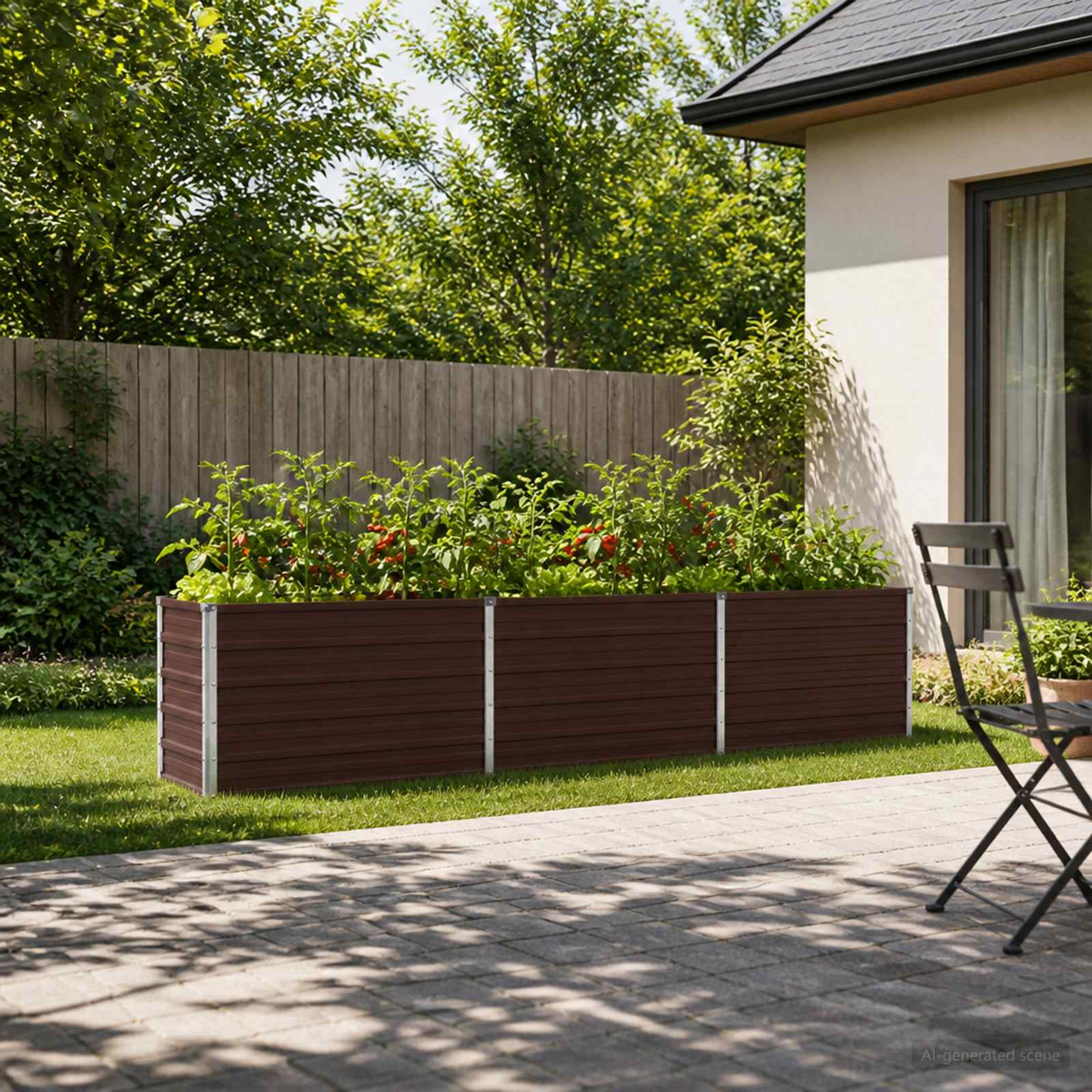 Ein braunes Hochbeet mit üppig grünen Pflanzen und roten Tomaten steht auf Gras nahe einem Haus und einer Steinterrasse.