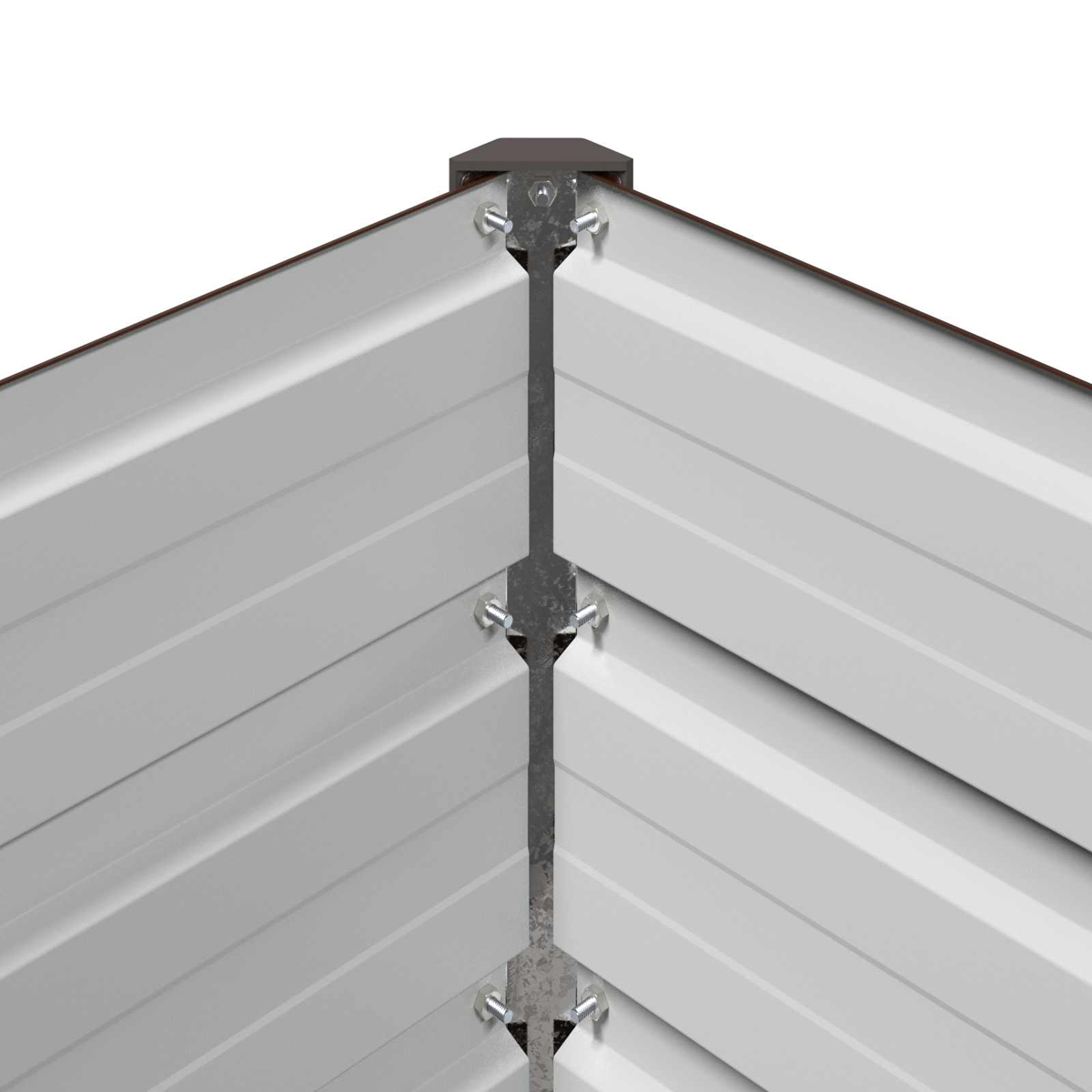 Ecke eines Metallhochbeets mit grauen Paneelen und Schraubverbindungen.