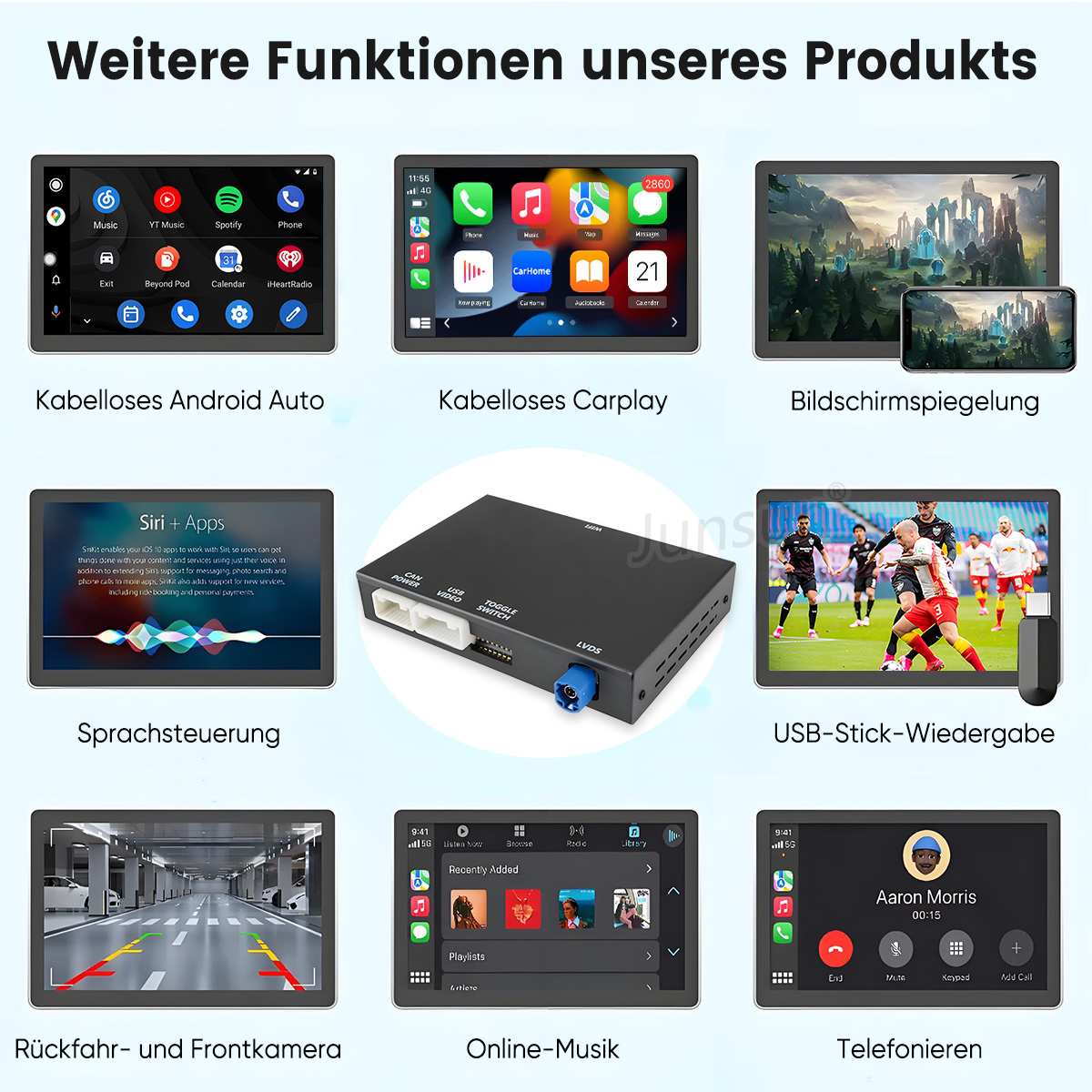 Übersicht von Infotainment-Funktionen für Autos, einschließlich kabellosem CarPlay und Android Auto.